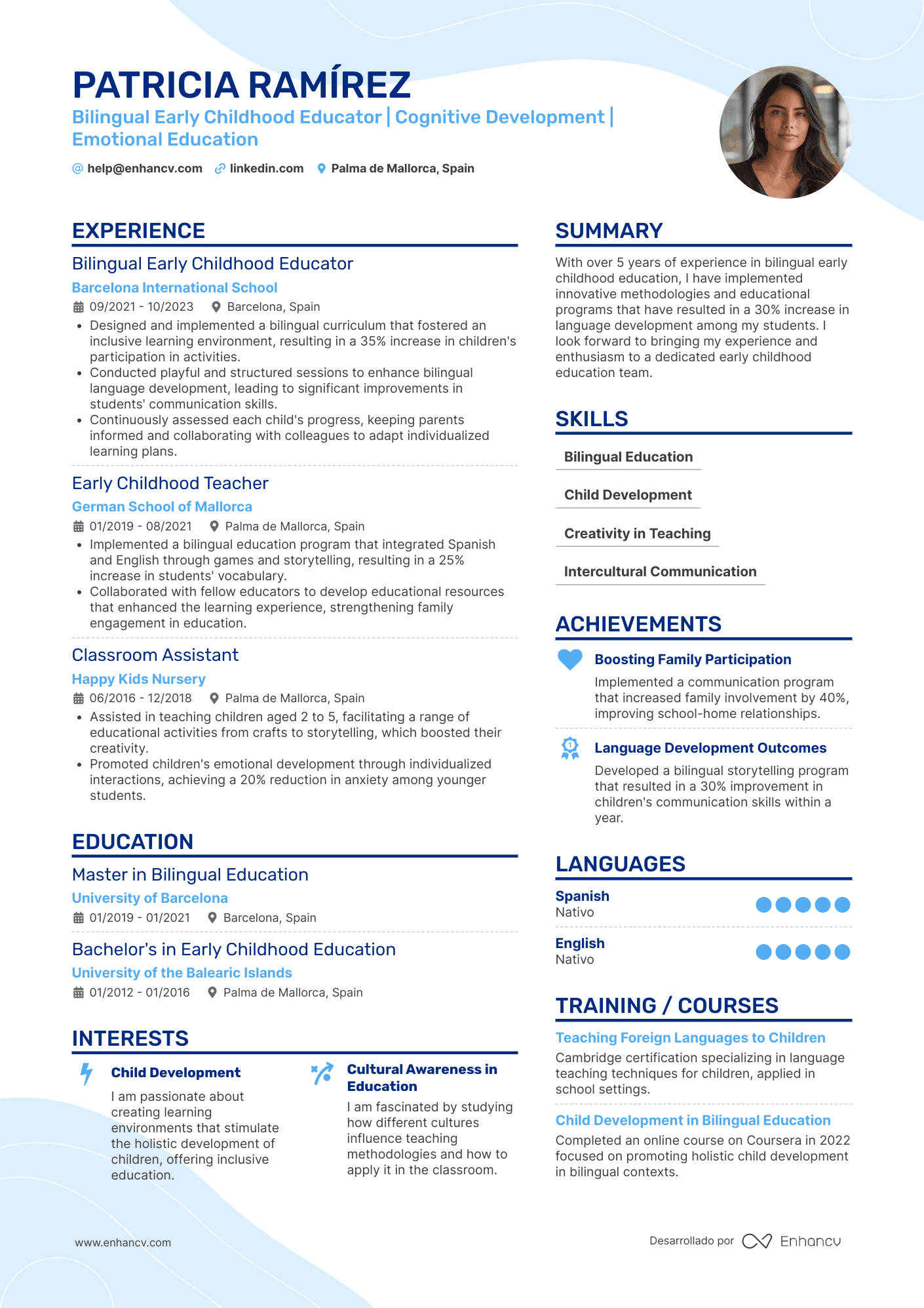 Bonus: Ejemplo de CV para educadora infantil en inglés Resume Example