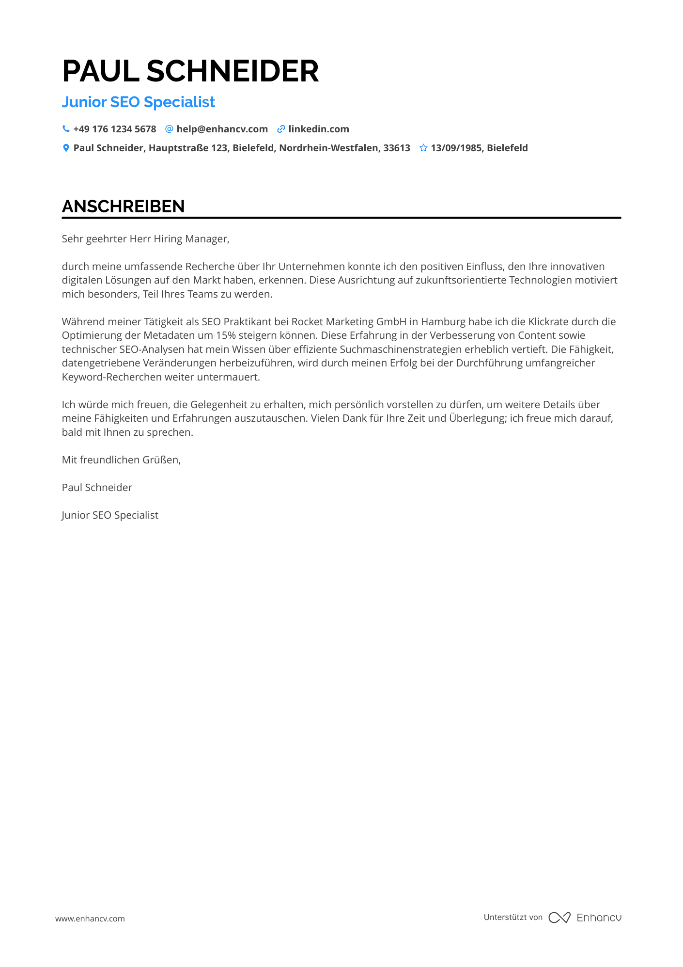 Junior SEO Spezialist Resume Example
