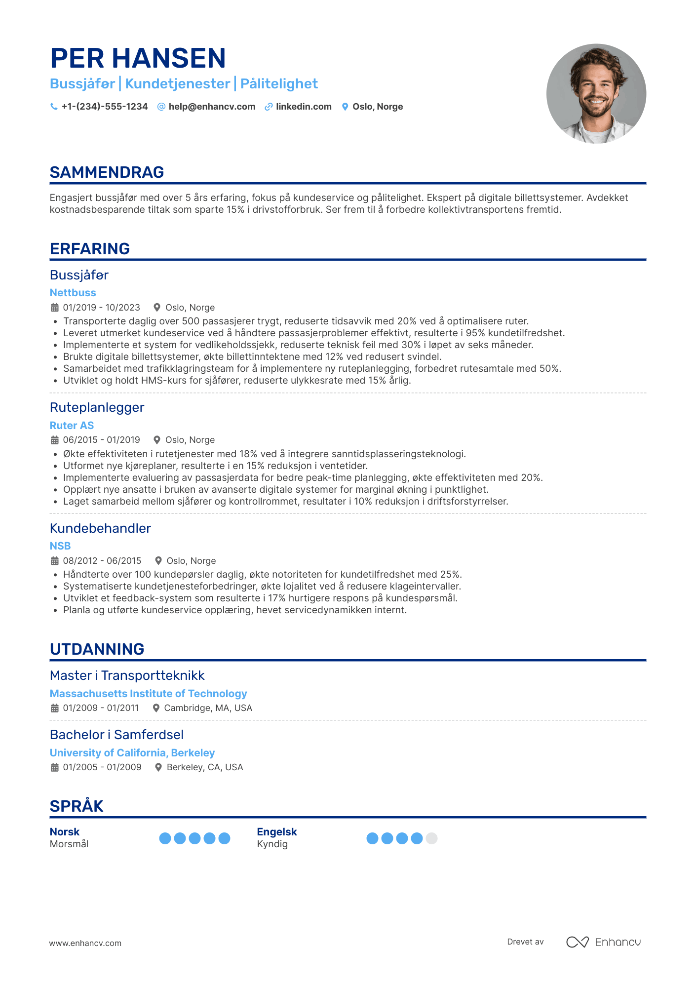 CV for Bussjåfør for offentlig transport Resume Example