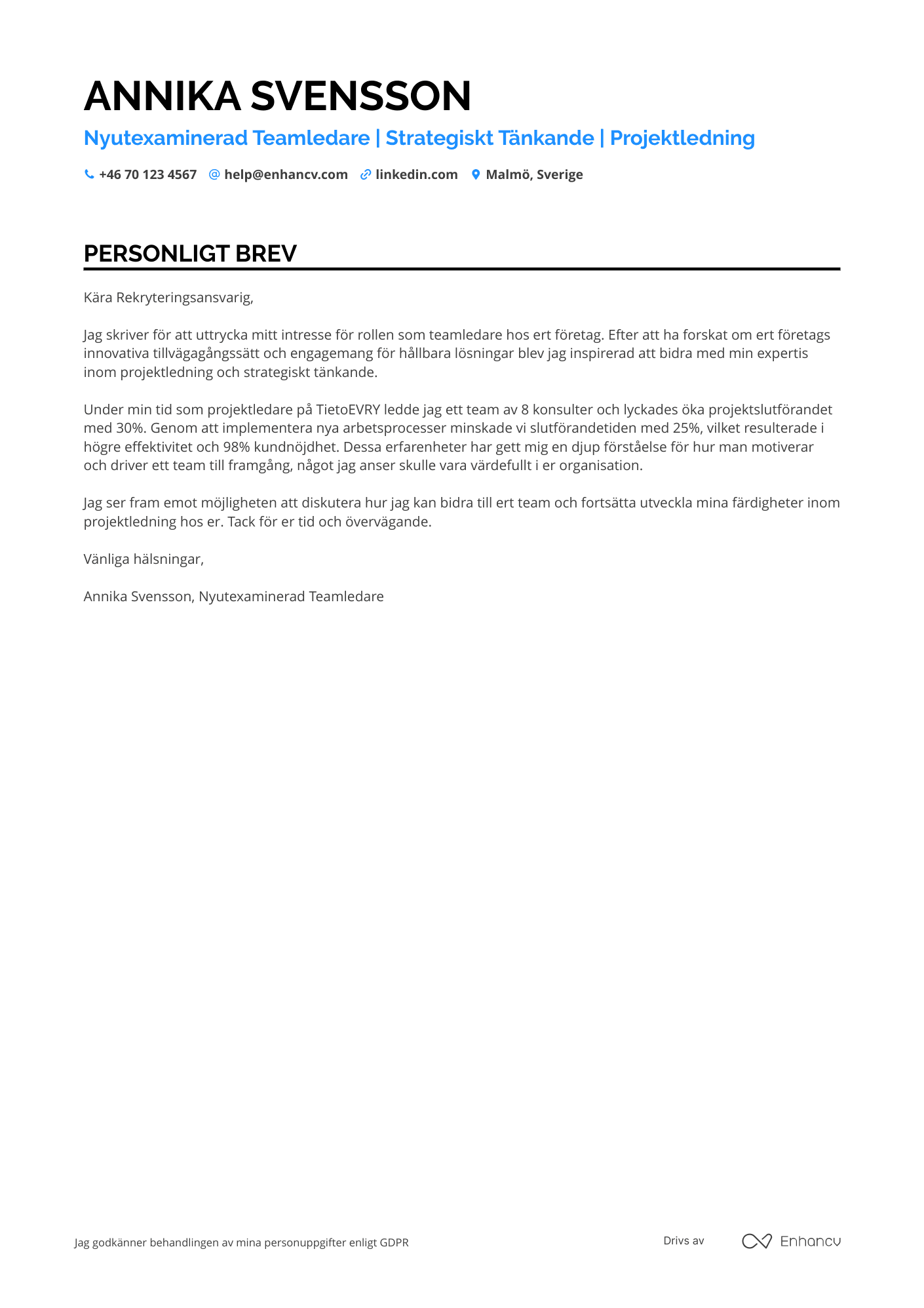 Personligt brev för Nyutexaminerad Teamledare Resume Example