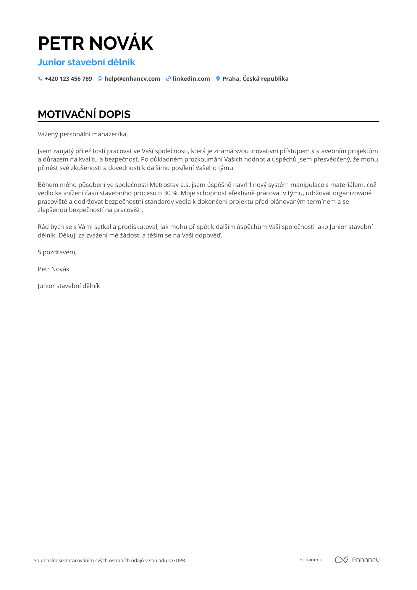 Motivační dopis pro Junior stavební dělník Resume Example