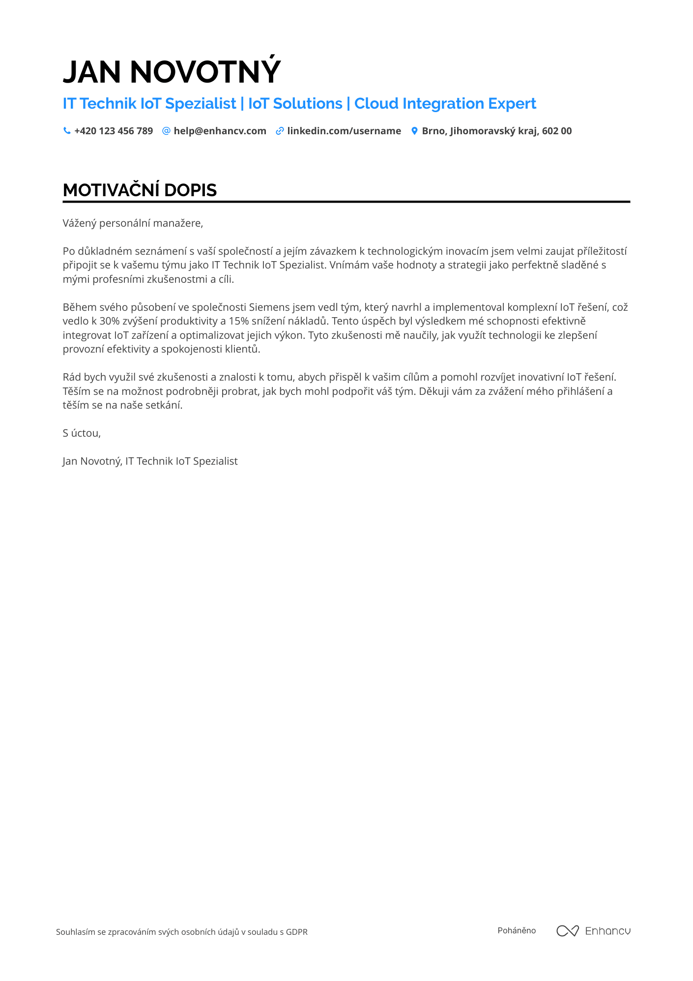 Motivační dopis pro IT Technik IoT Spezialist Resume Example