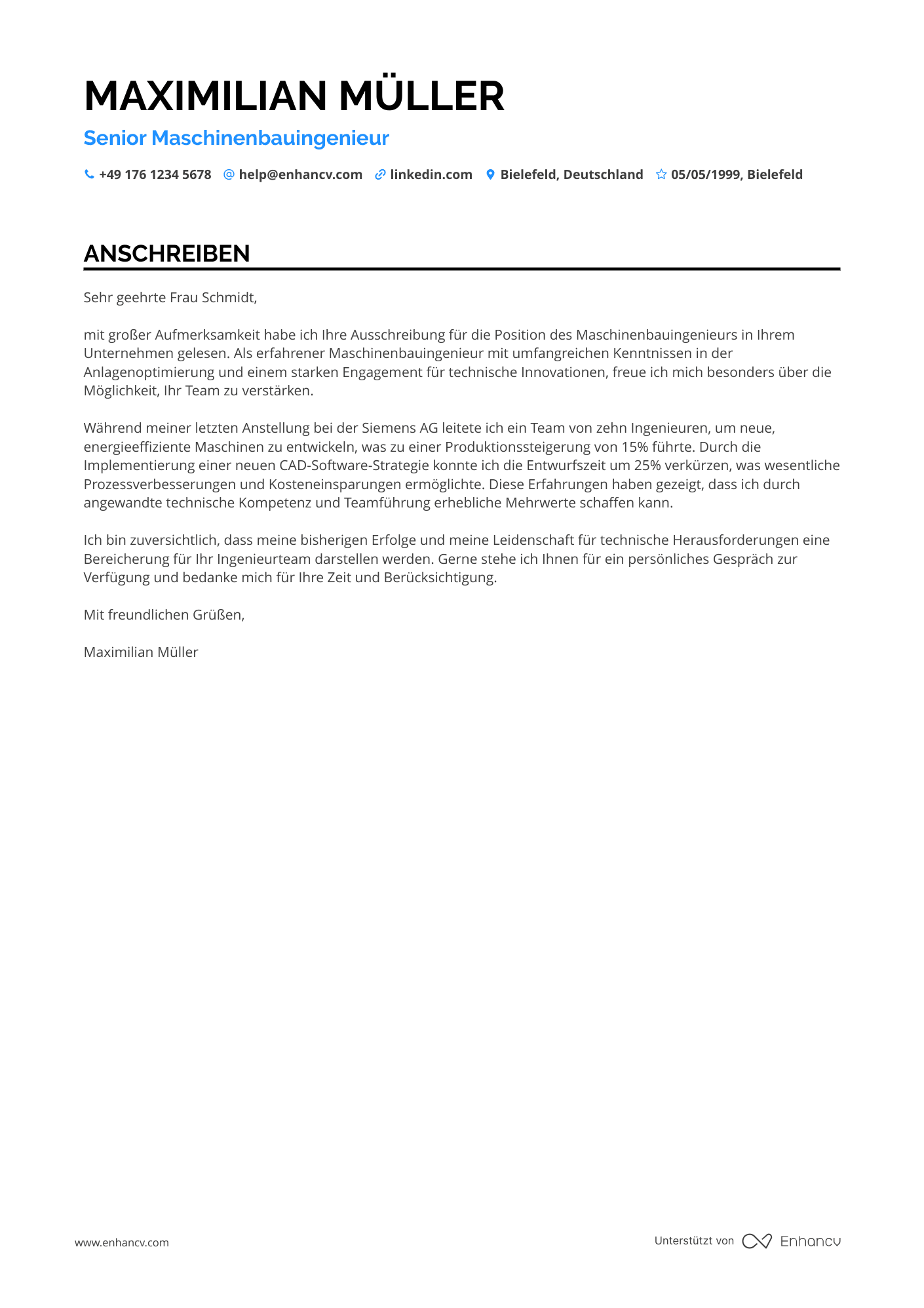 Erfahrener Maschinenbauingenieur Resume Example