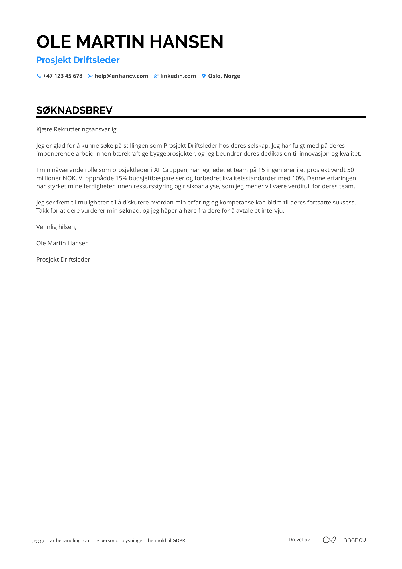 Søknadsbrev for Prosjekt Driftsleder Resume Example