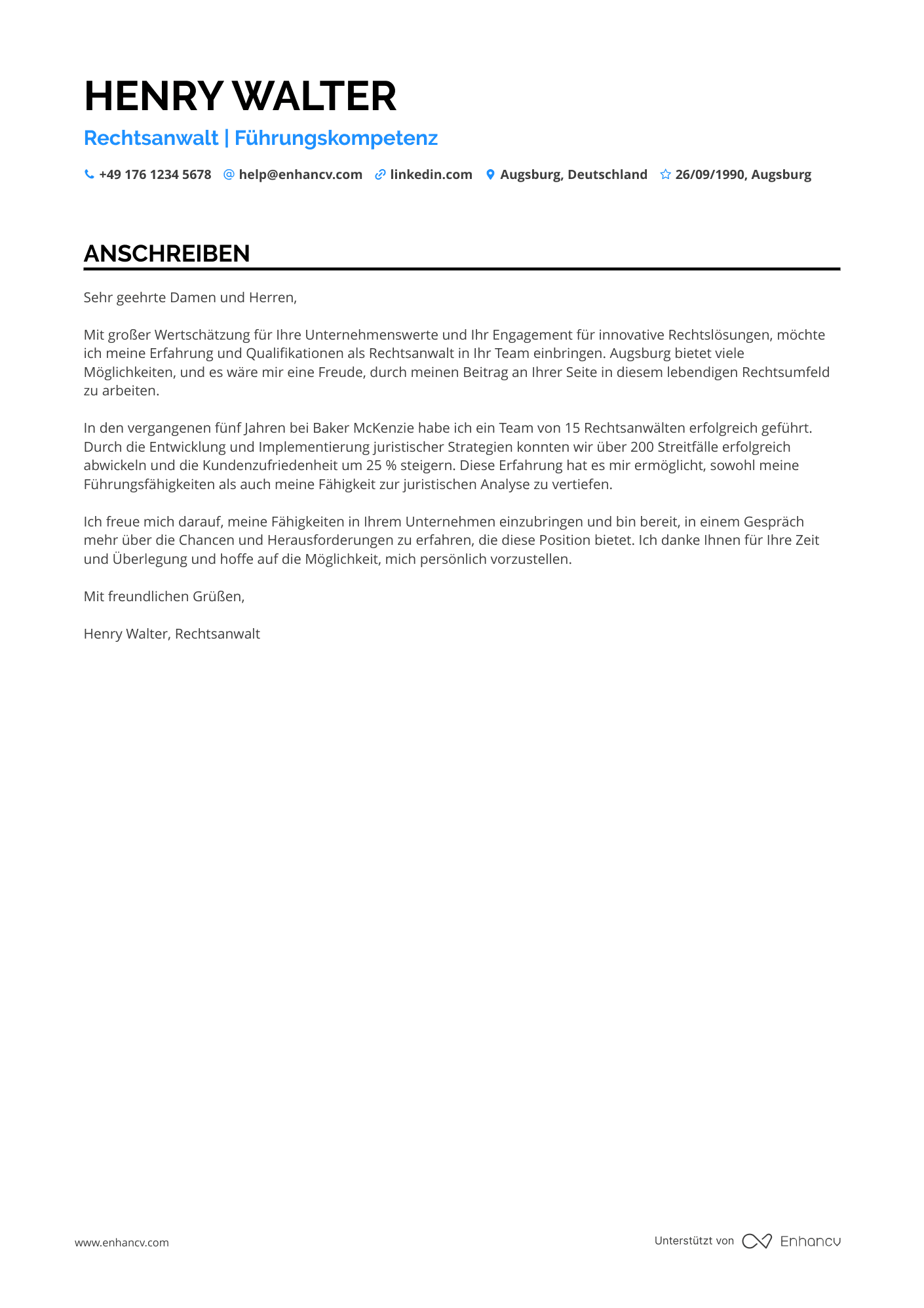 Rechtsanwalt mit Führungserfahrung Resume Example
