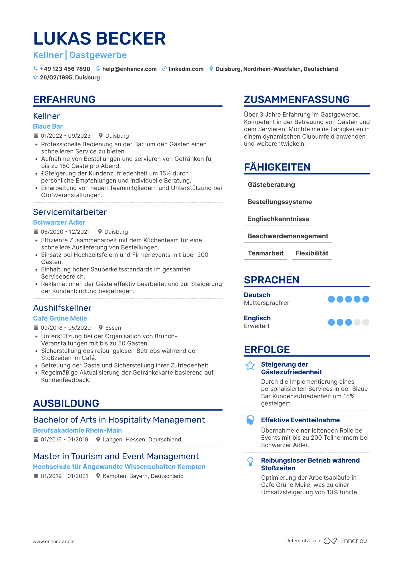 Lebenslauf in Kellner für Nachtclub Resume Example