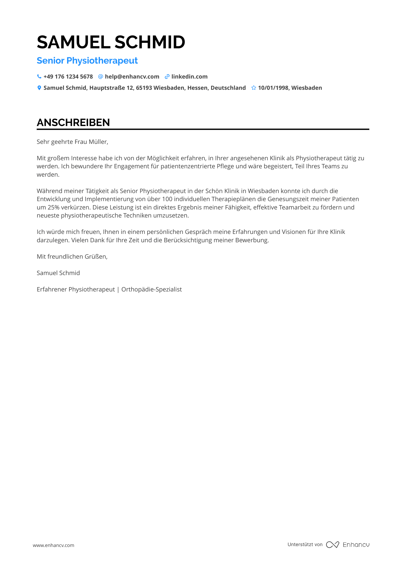 Physiotherapeut in der Orthopädie Resume Example