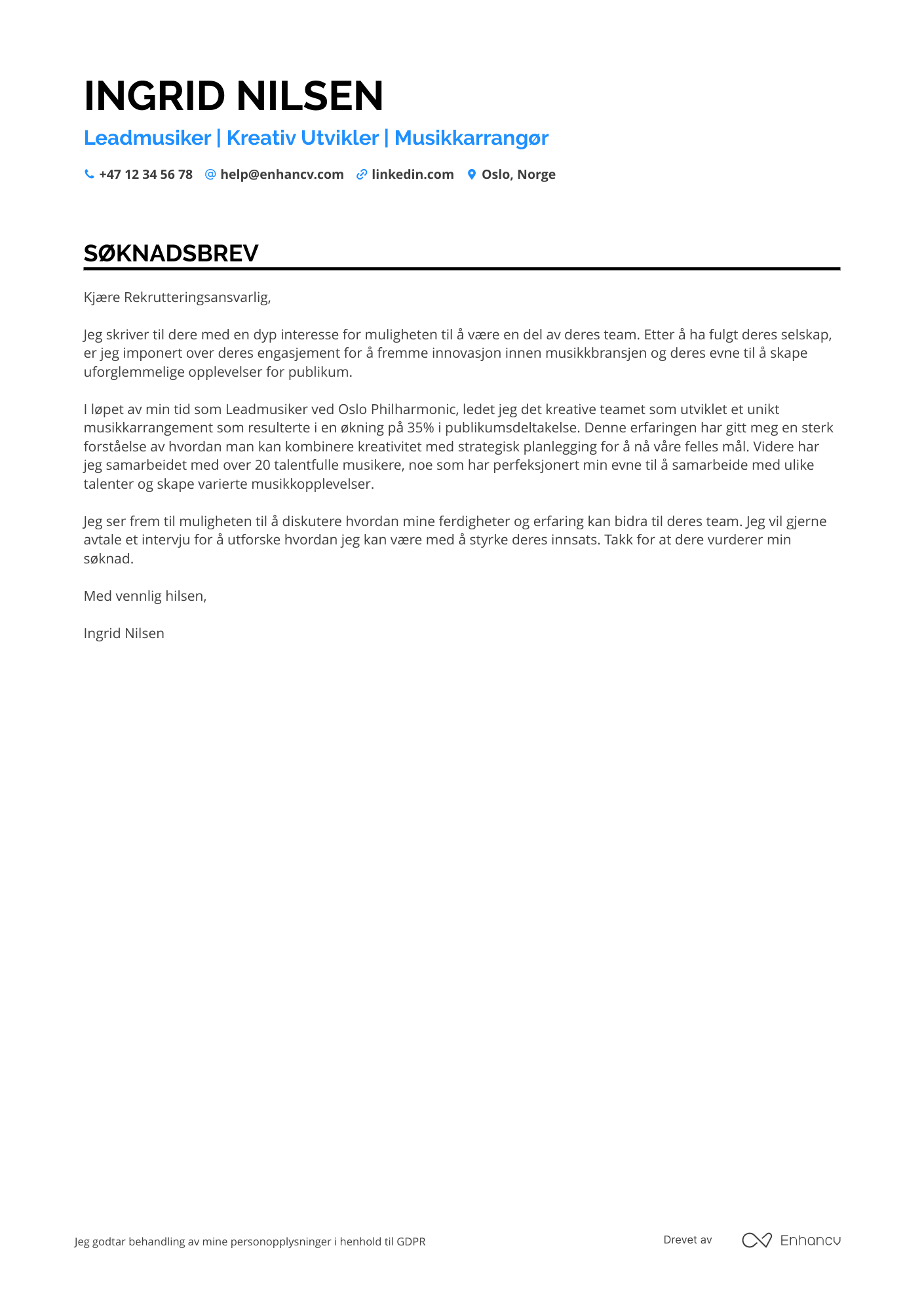 Søknadsbrev for Leadmusiker Resume Example