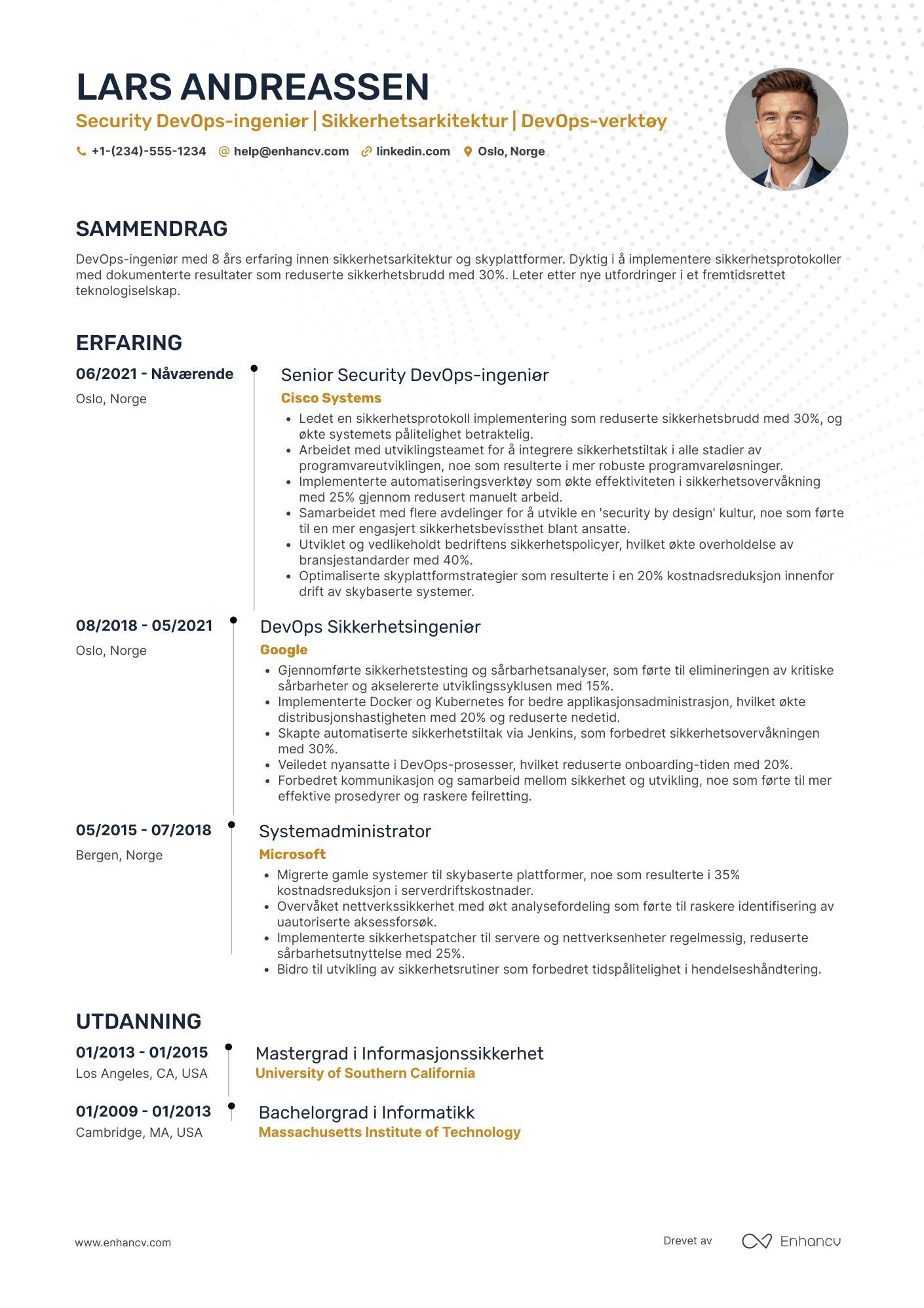 CV for Security DevOps ingeniør Resume Example