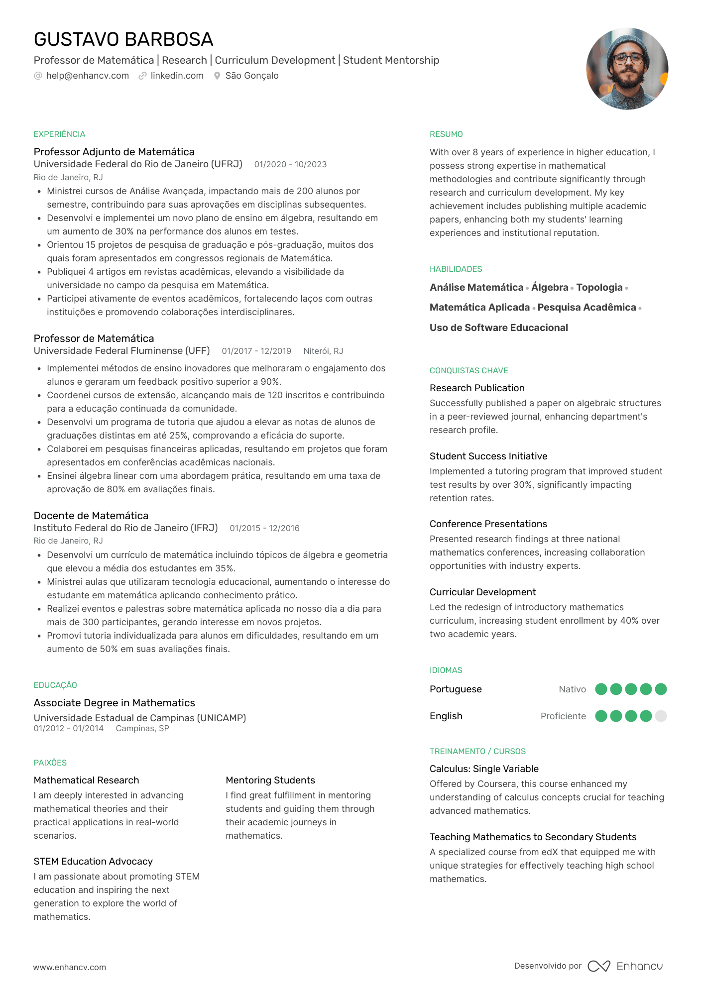 Professor de Matemática Resume Example