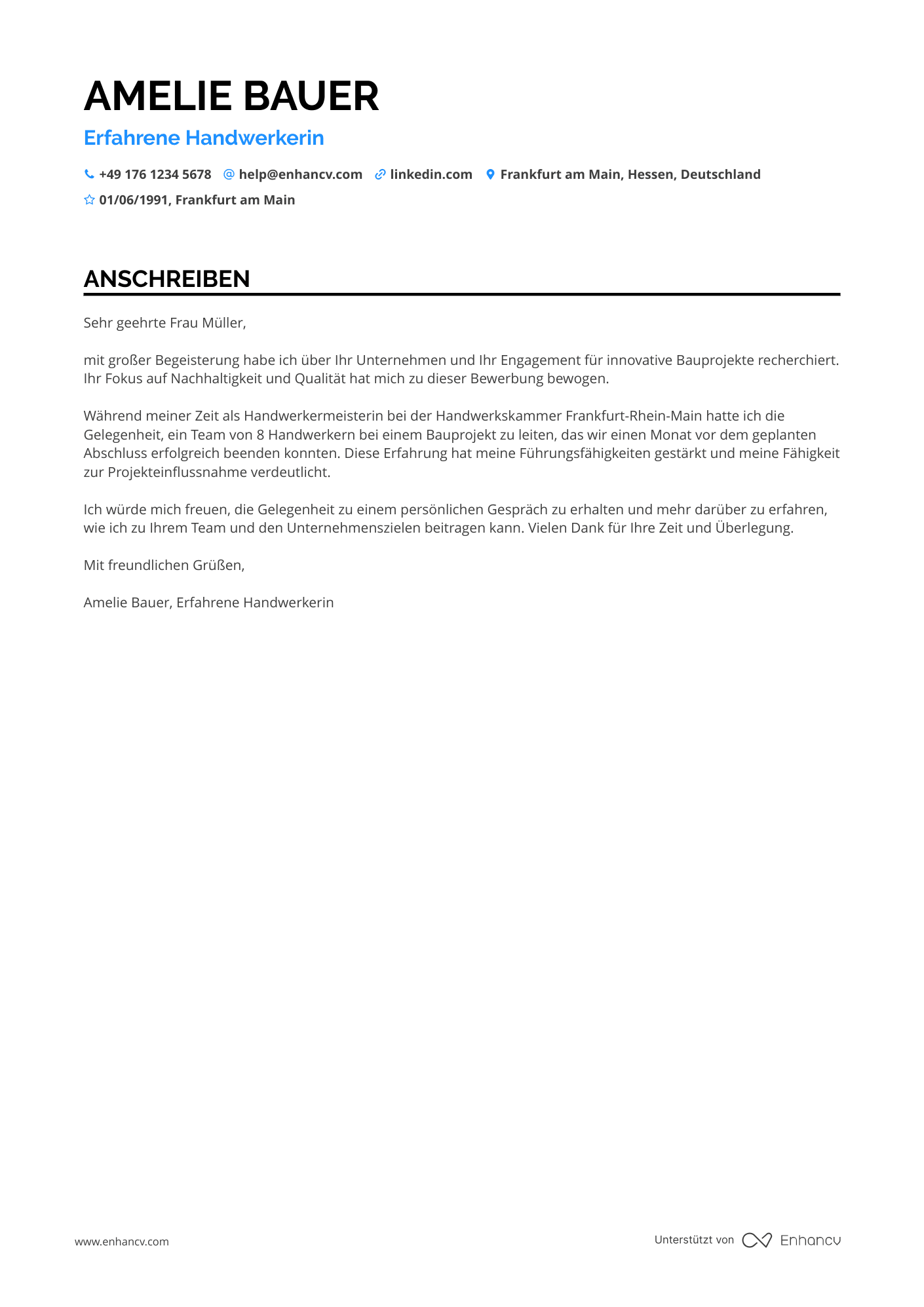 Erfahrener Handwerker Resume Example