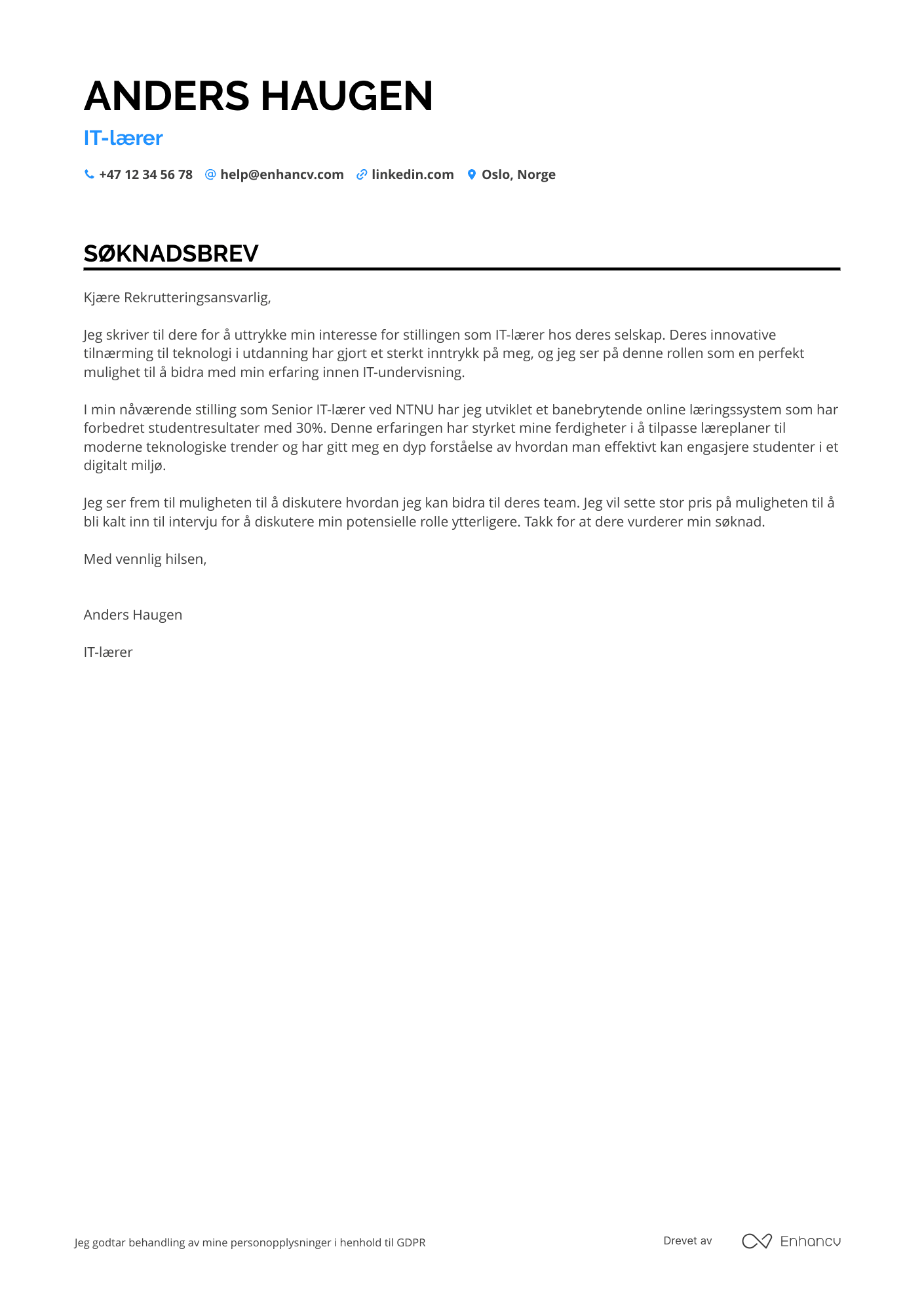 Søknadsbrev for IT lærer Resume Example