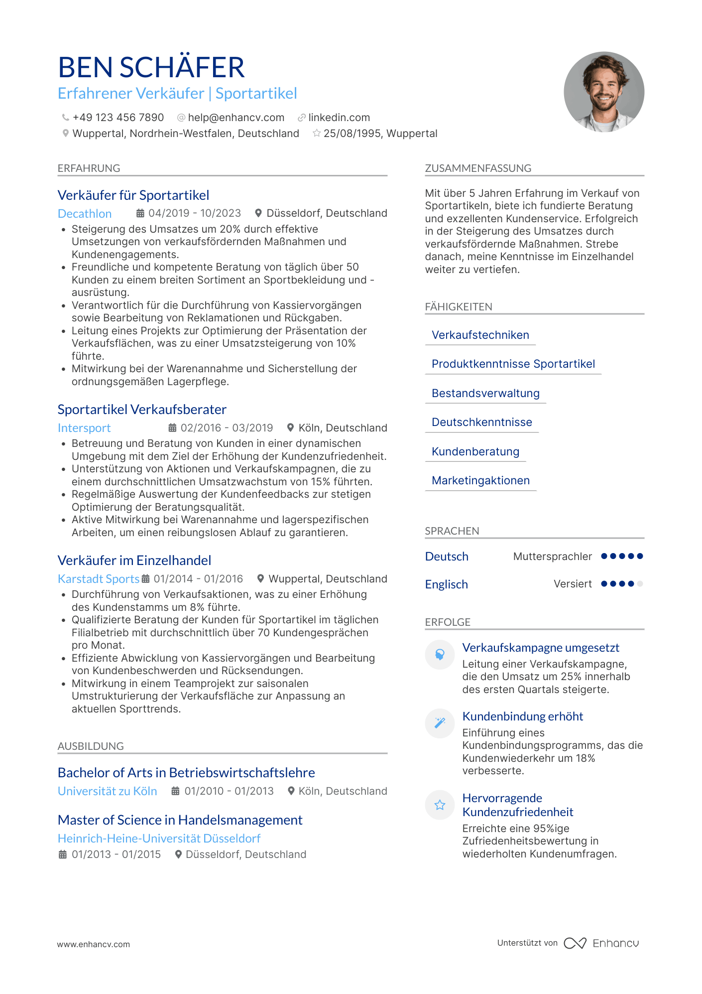 Lebenslauf in Verkäuferin für Sportartikel Resume Example