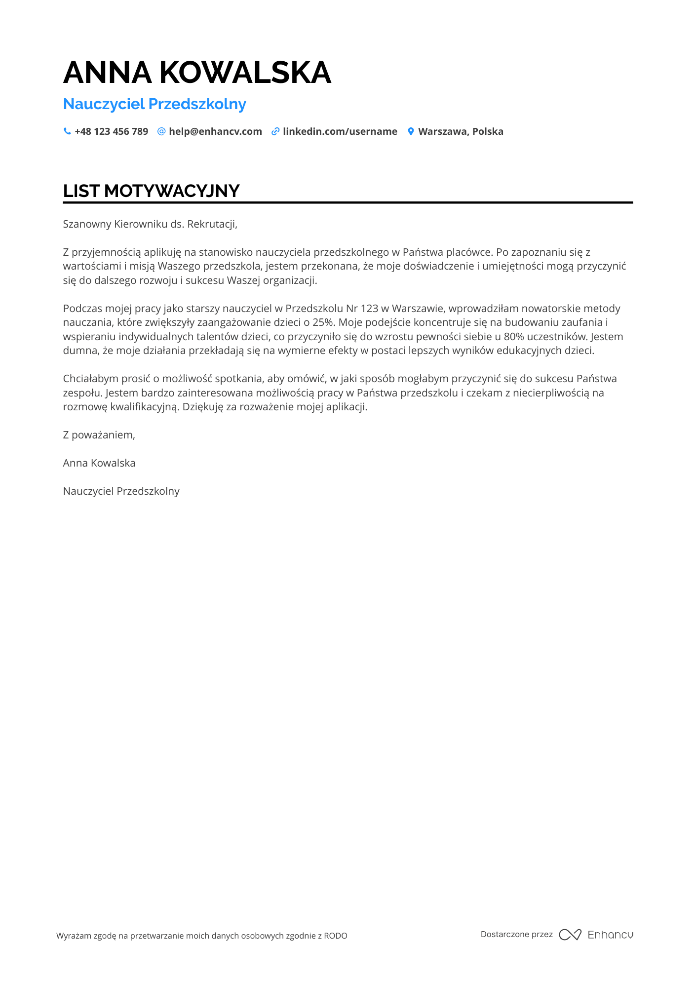 List motywacyjny dla Nauczyciel w Przedszkolu Resume Example