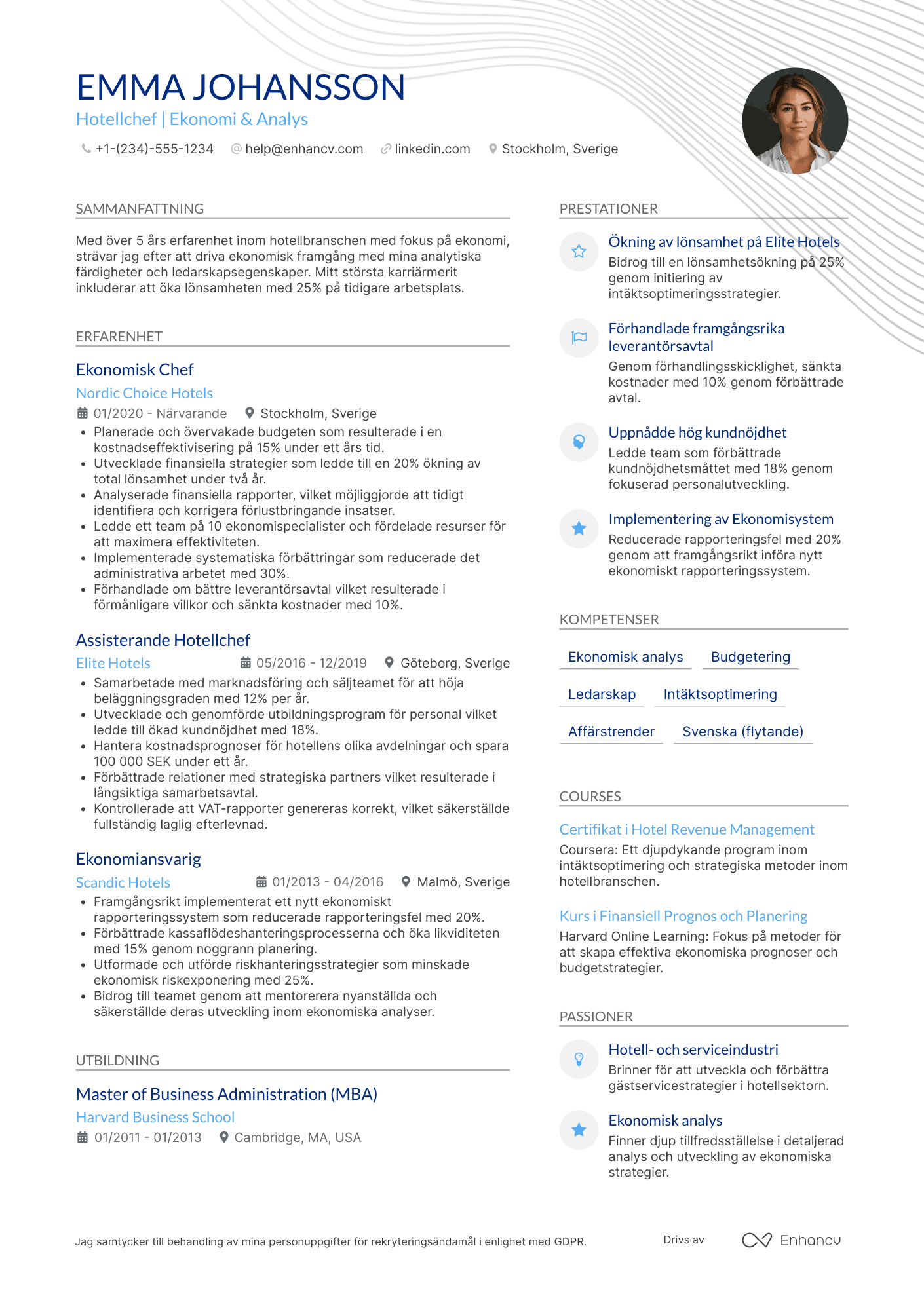 CV för Hotellchef ekonomi Resume Example