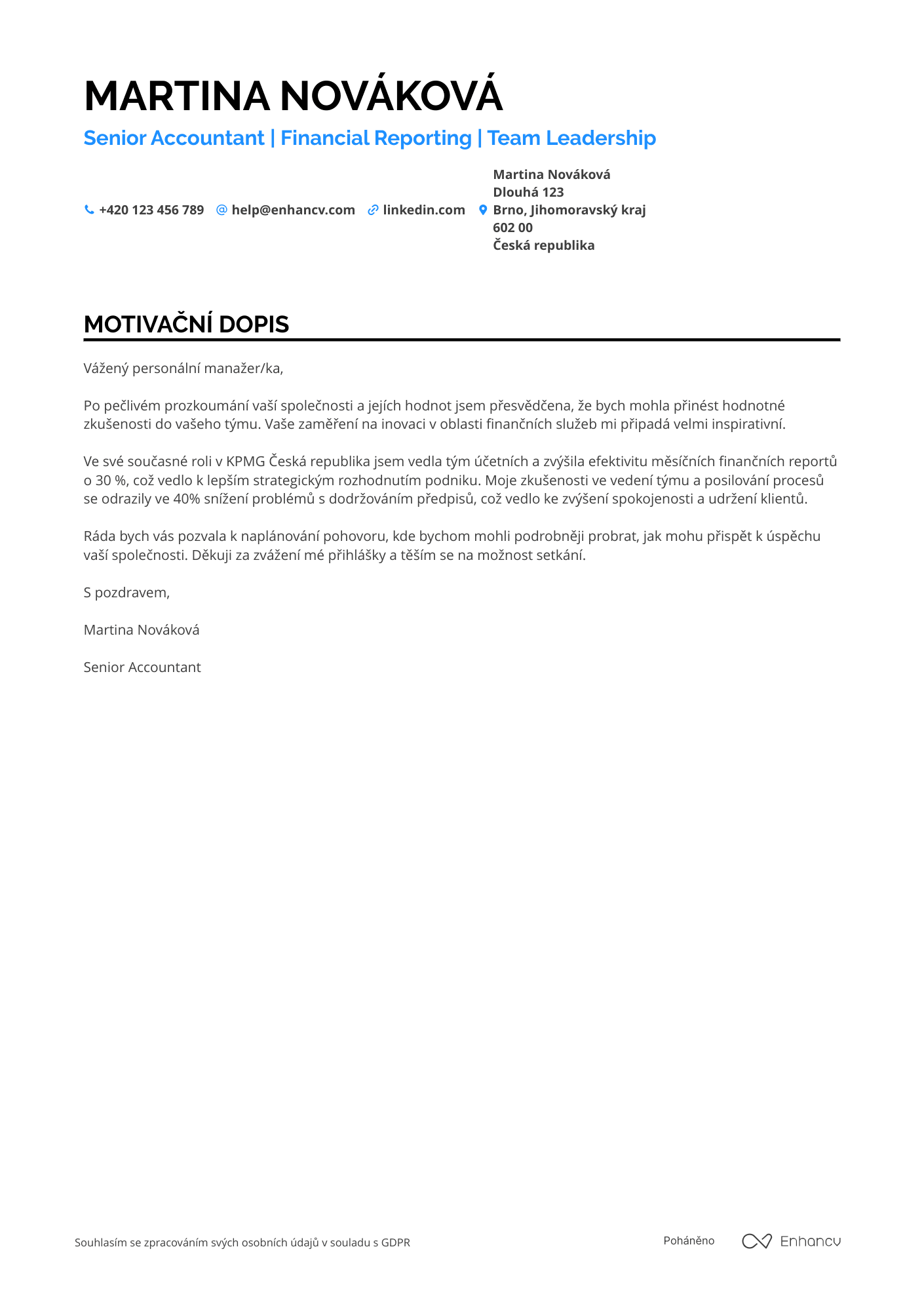 Motivační dopis pro Účetní Senior Resume Example
