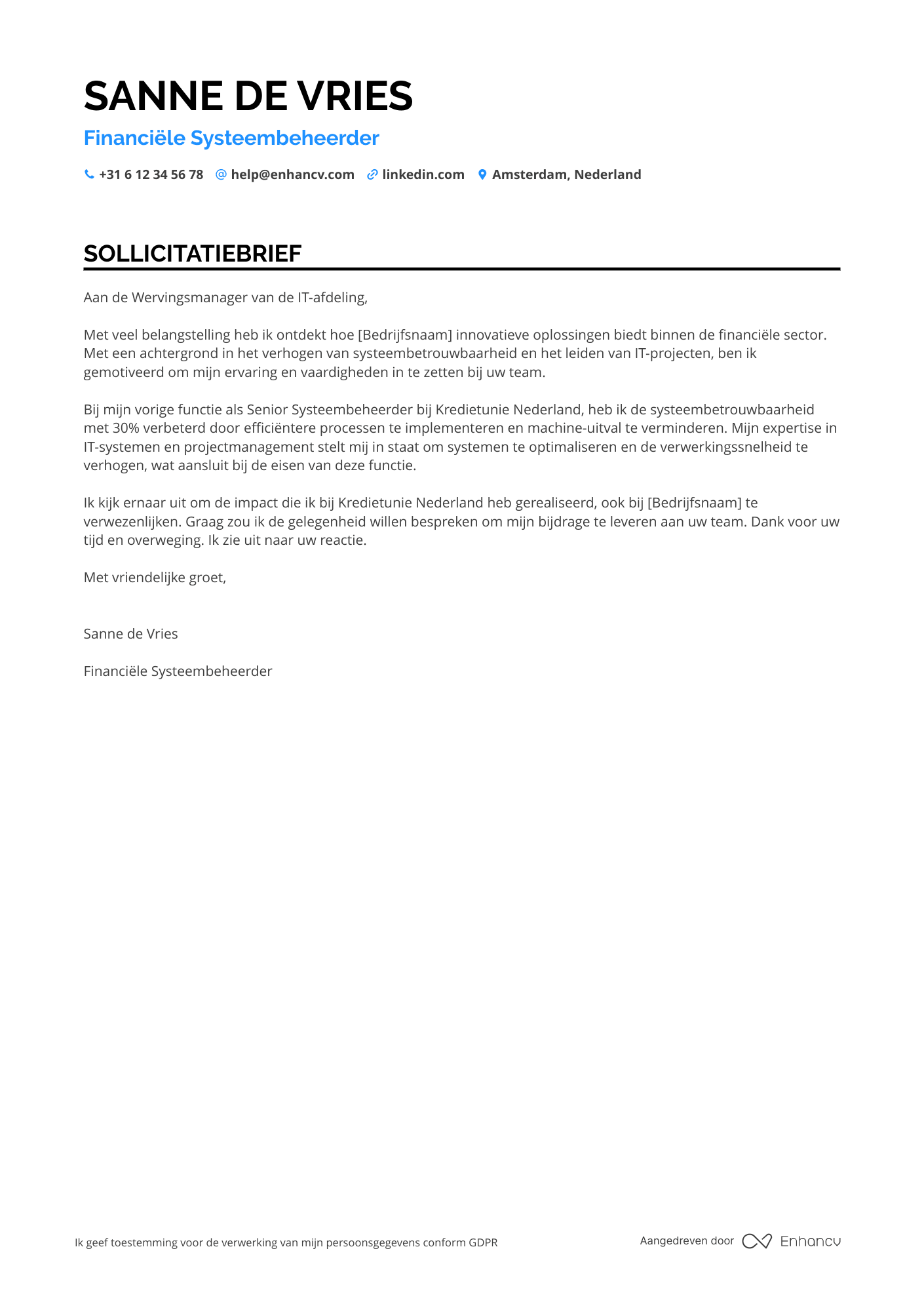 Sollicitatiebrief voor Financiële Systeembeheerder Resume Example