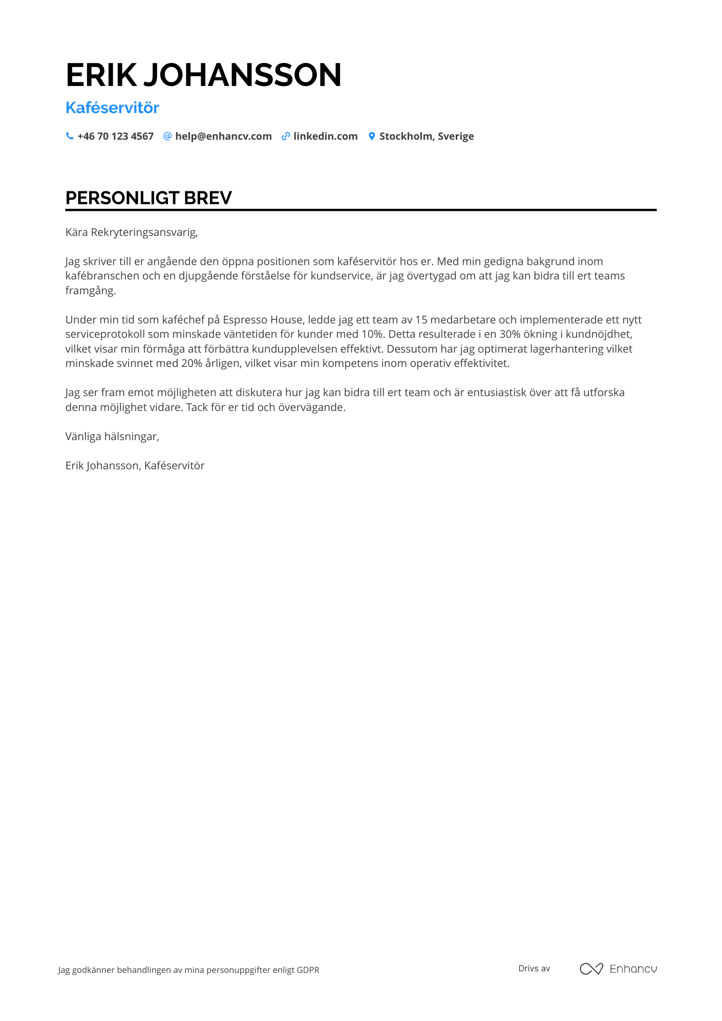 Personligt brev för Kaféservitör Resume Example