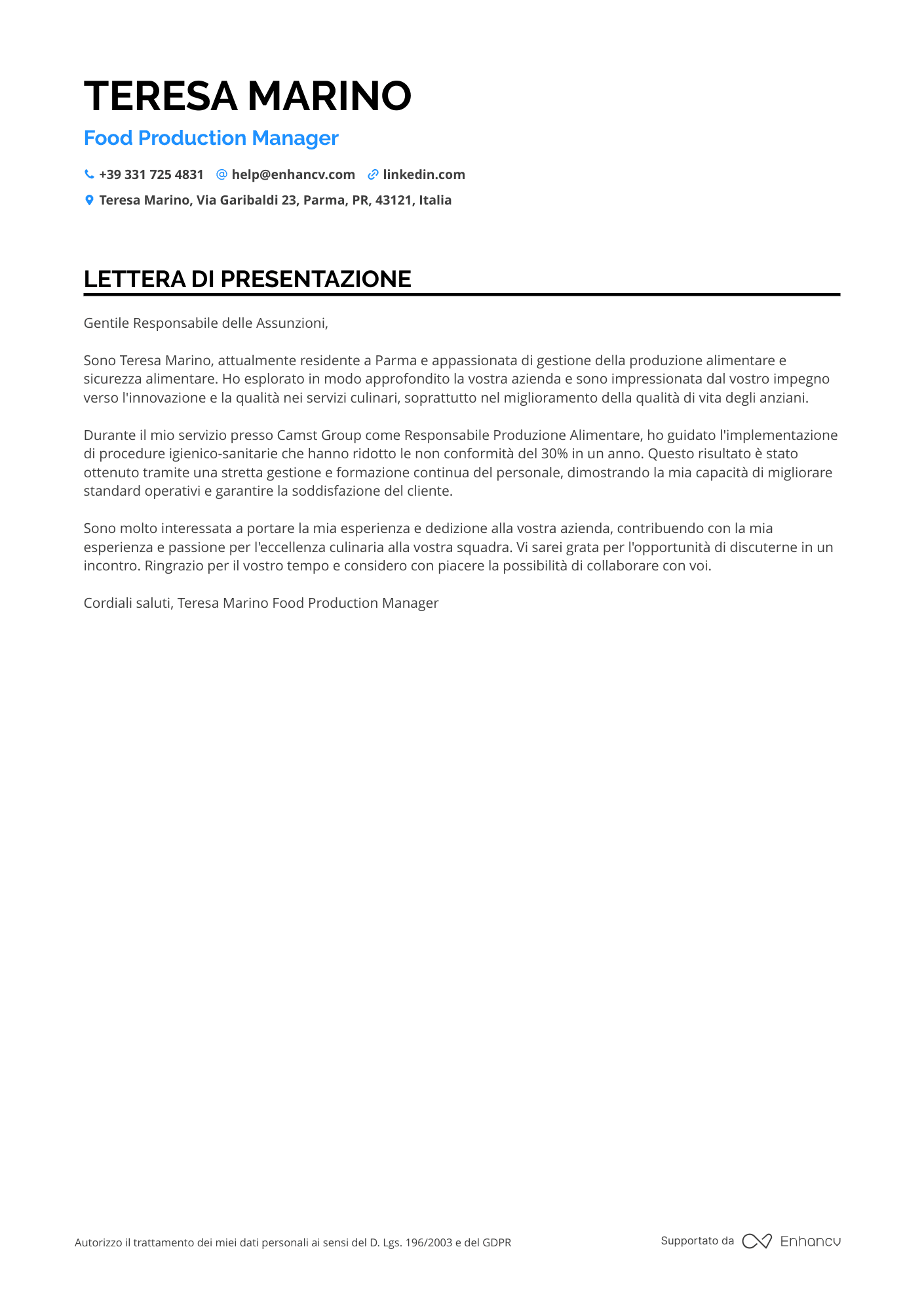 Salumiere di Catering Resume Example