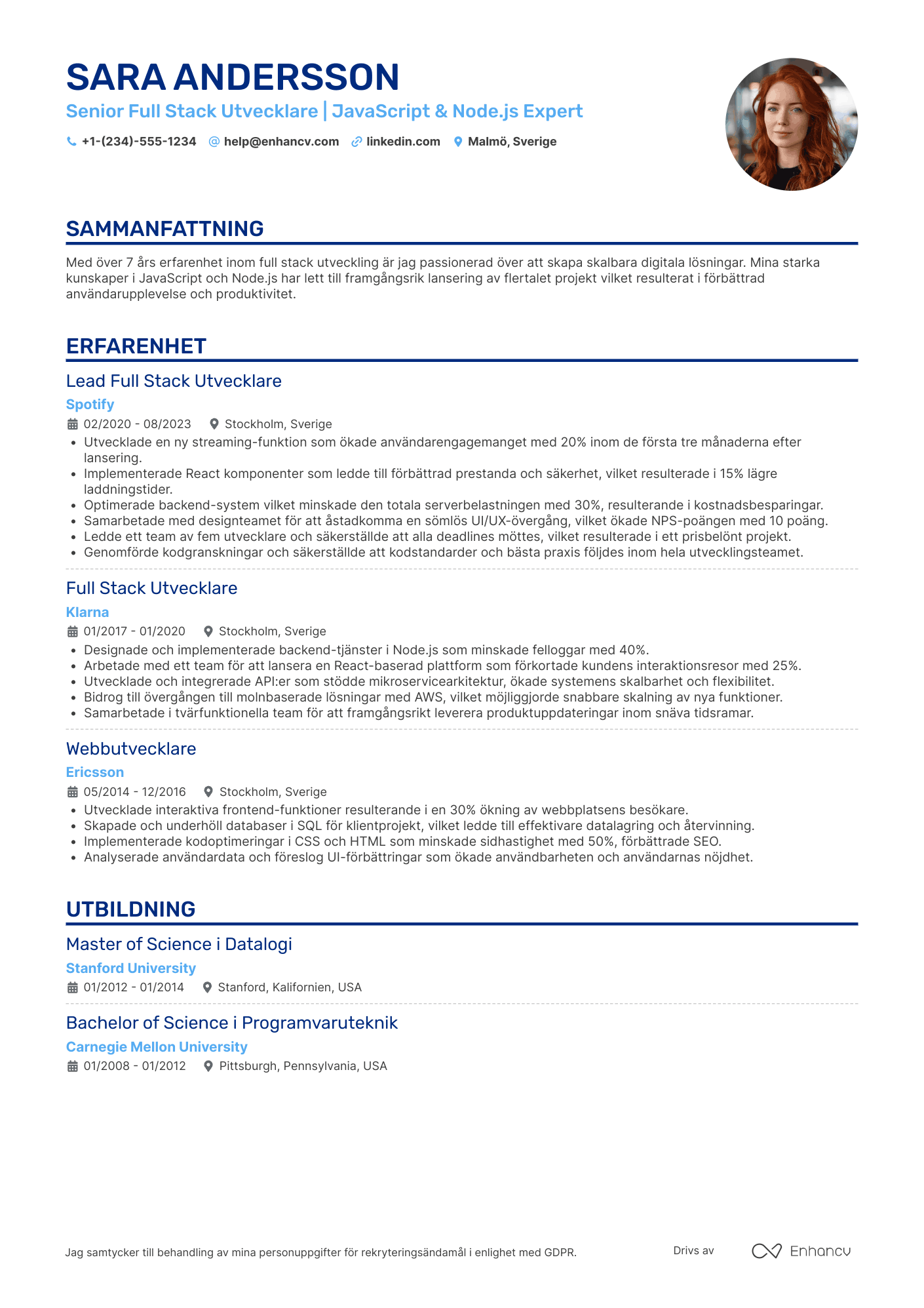 CV för Senior Full Stack Utvecklare Resume Example
