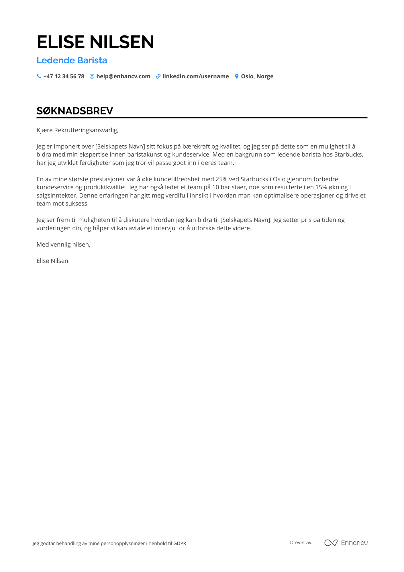 Søknadsbrev for Ledende Barista Resume Example