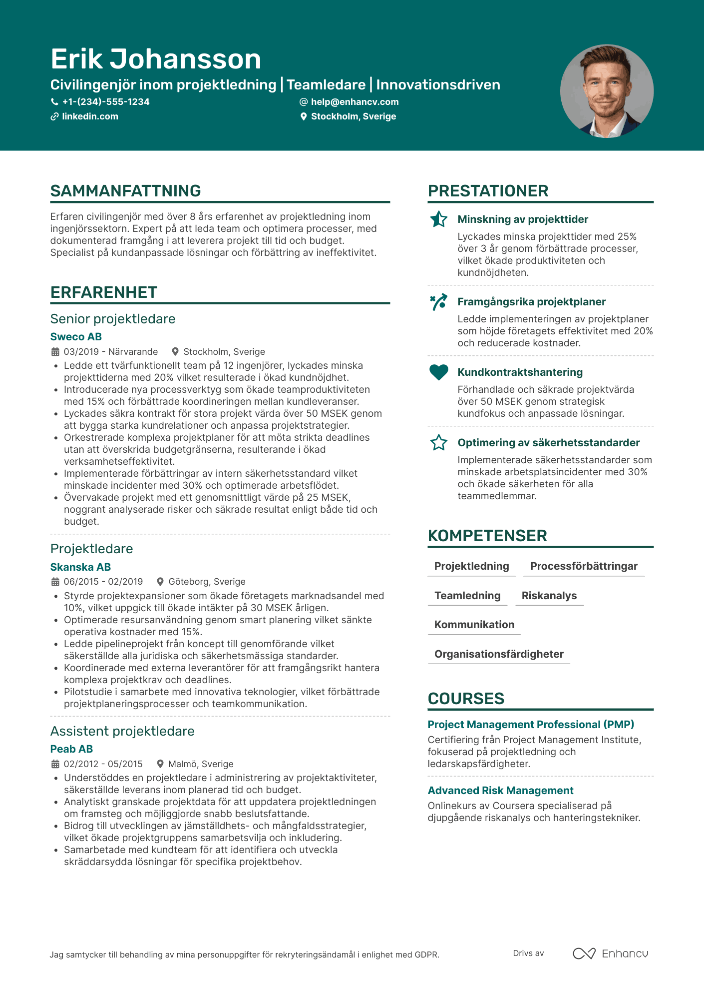 CV för Civilingenjör projektledning Resume Example