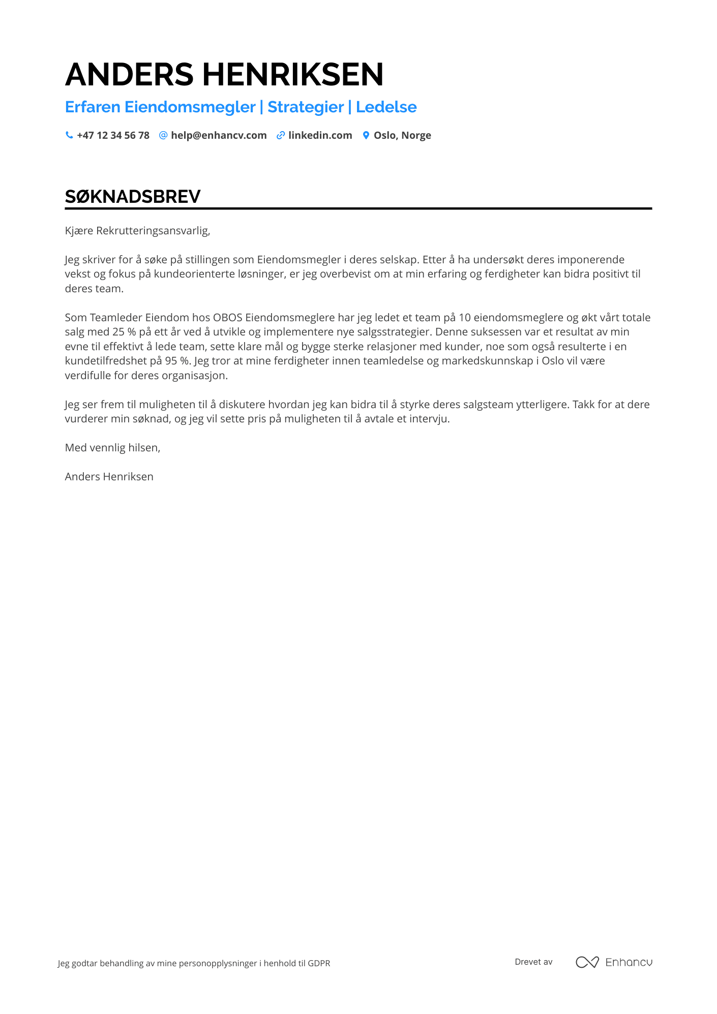 Søknadsbrev for Eiendomsmegler Teamleder Resume Example