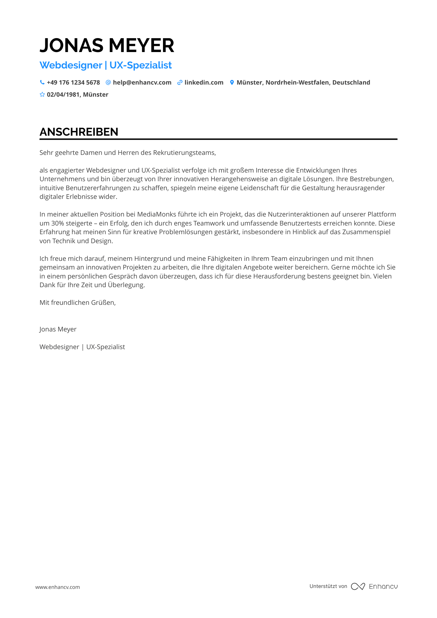 Webdesigner für User Experience Resume Example