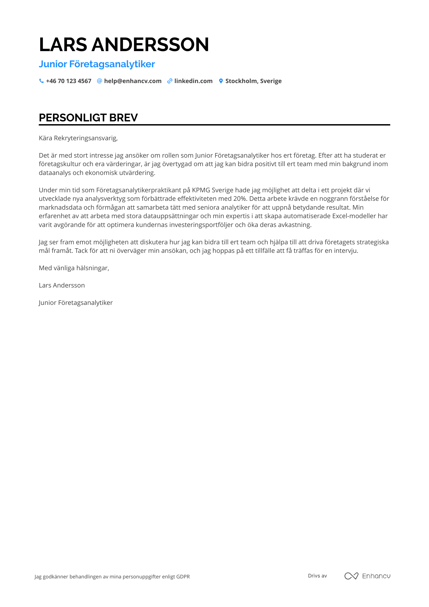 Personligt brev för Junior Företagsanalytiker Resume Example