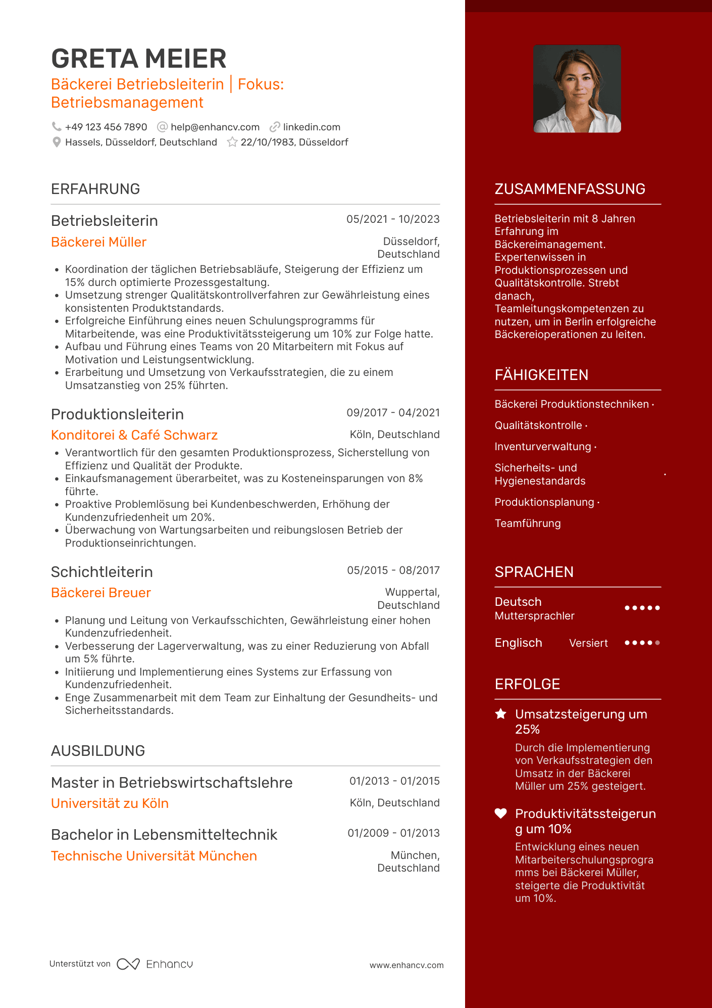 Lebenslauf als Bäckerei Betriebsleiter Resume Example