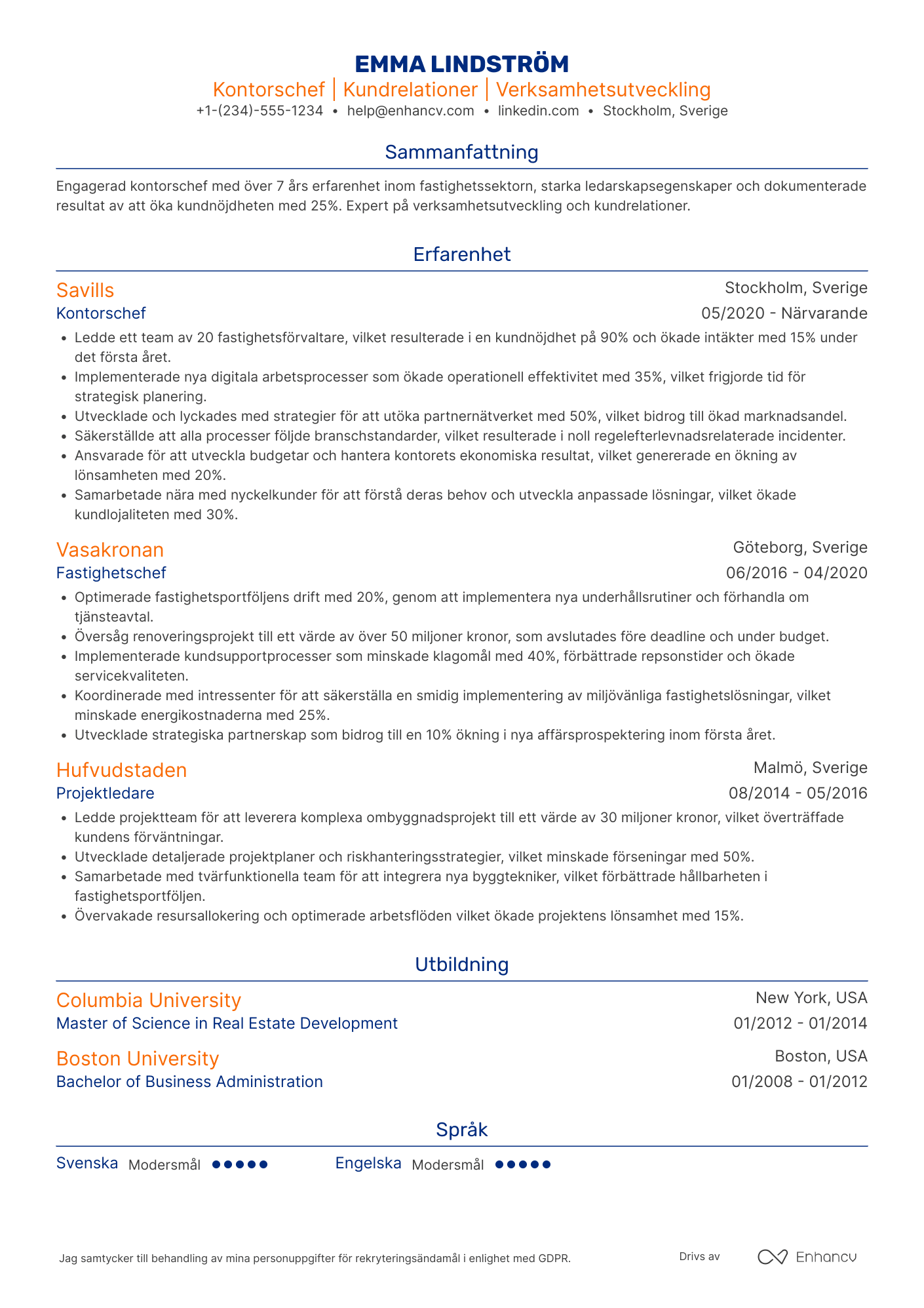 CV för Kontorschef Fastigheter Resume Example