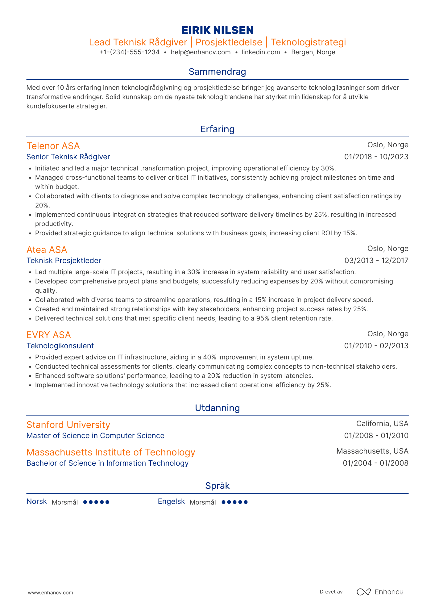 CV for Lead Teknisk rådgiver Resume Example