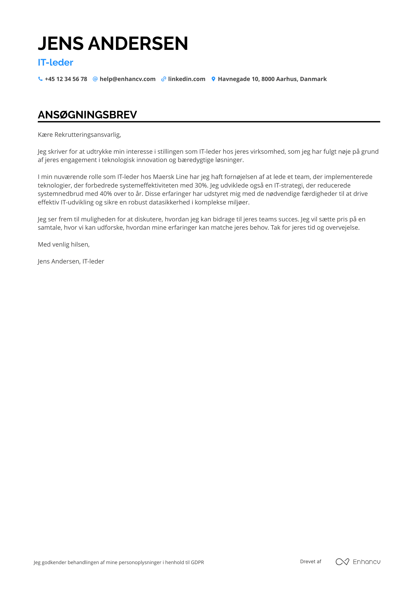 Ansøgningsbrev til IT leder i produktionsindustrien Resume Example