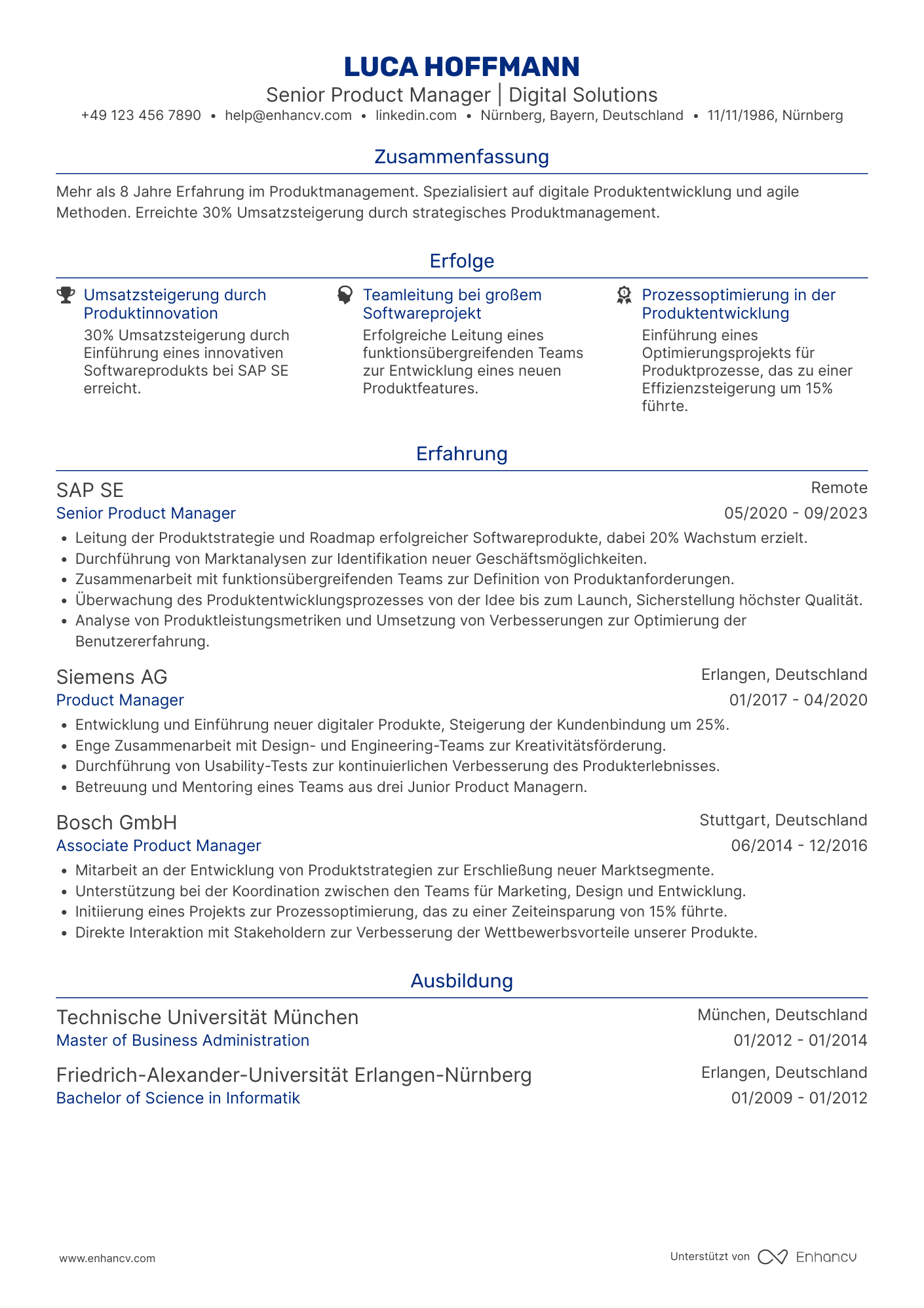 Lebenslauf als Senior Produktmanager Resume Example