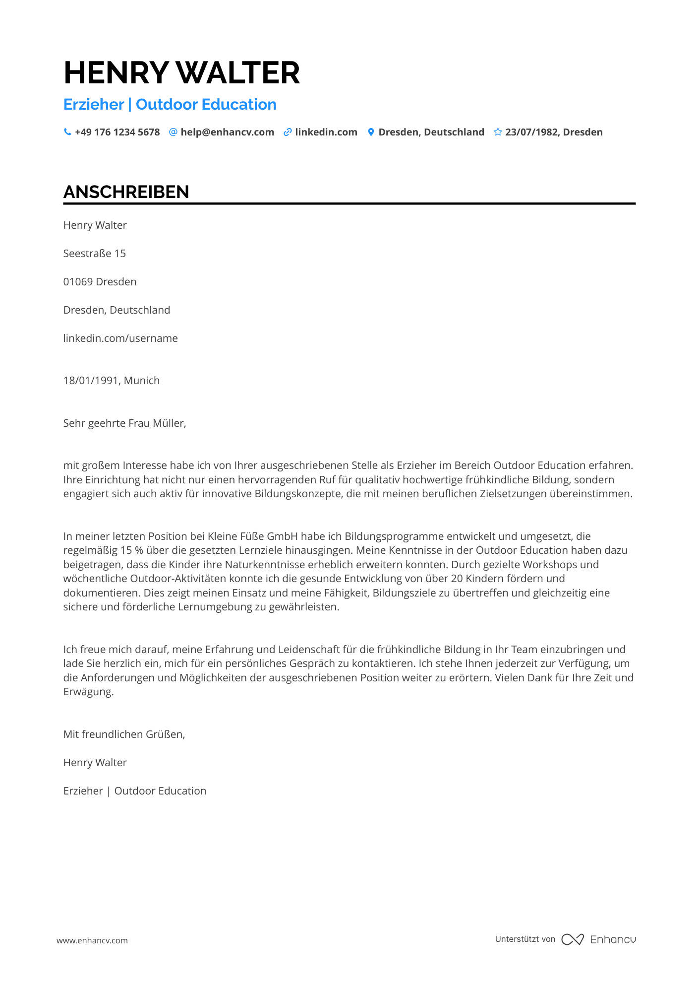 Erzieherin mit Zusatzqualifikation Resume Example