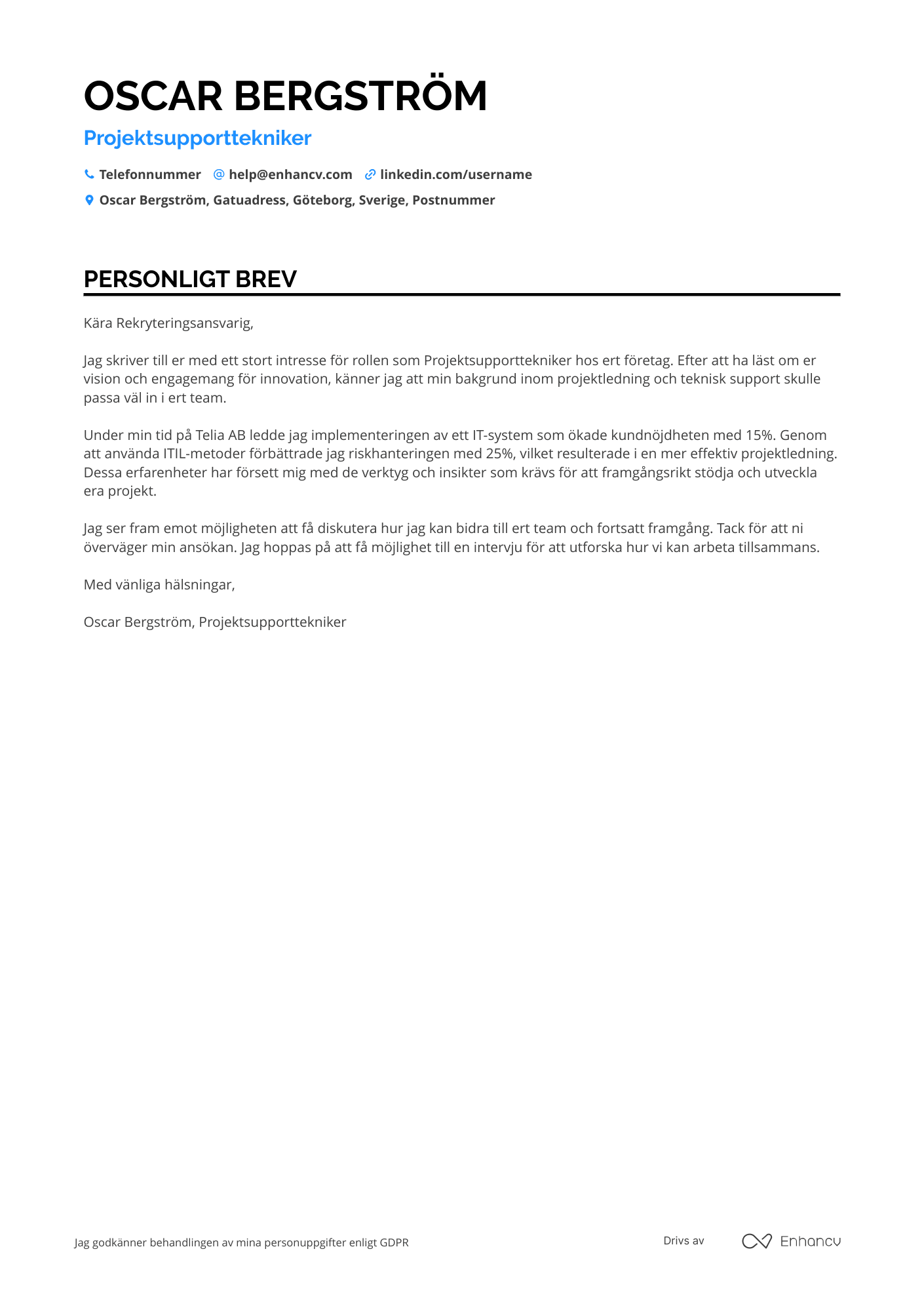 Personligt brev för Projektsupporttekniker Resume Example