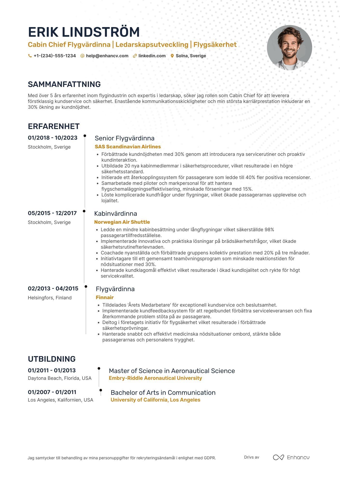 CV för Cabin Chief Flygvärdinna Resume Example