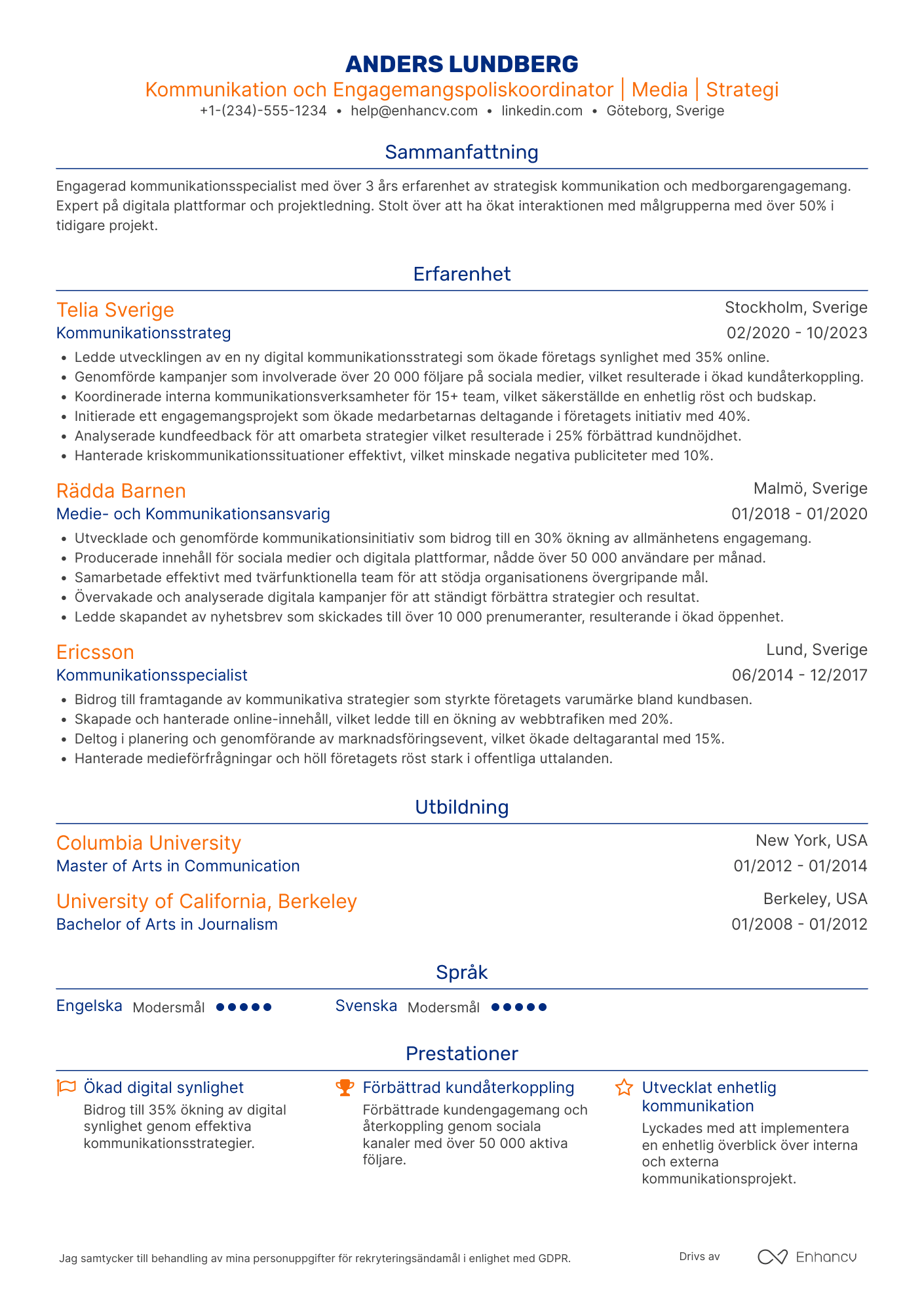 CV för Kommunikation och engagemangspoliskoordinator Resume Example