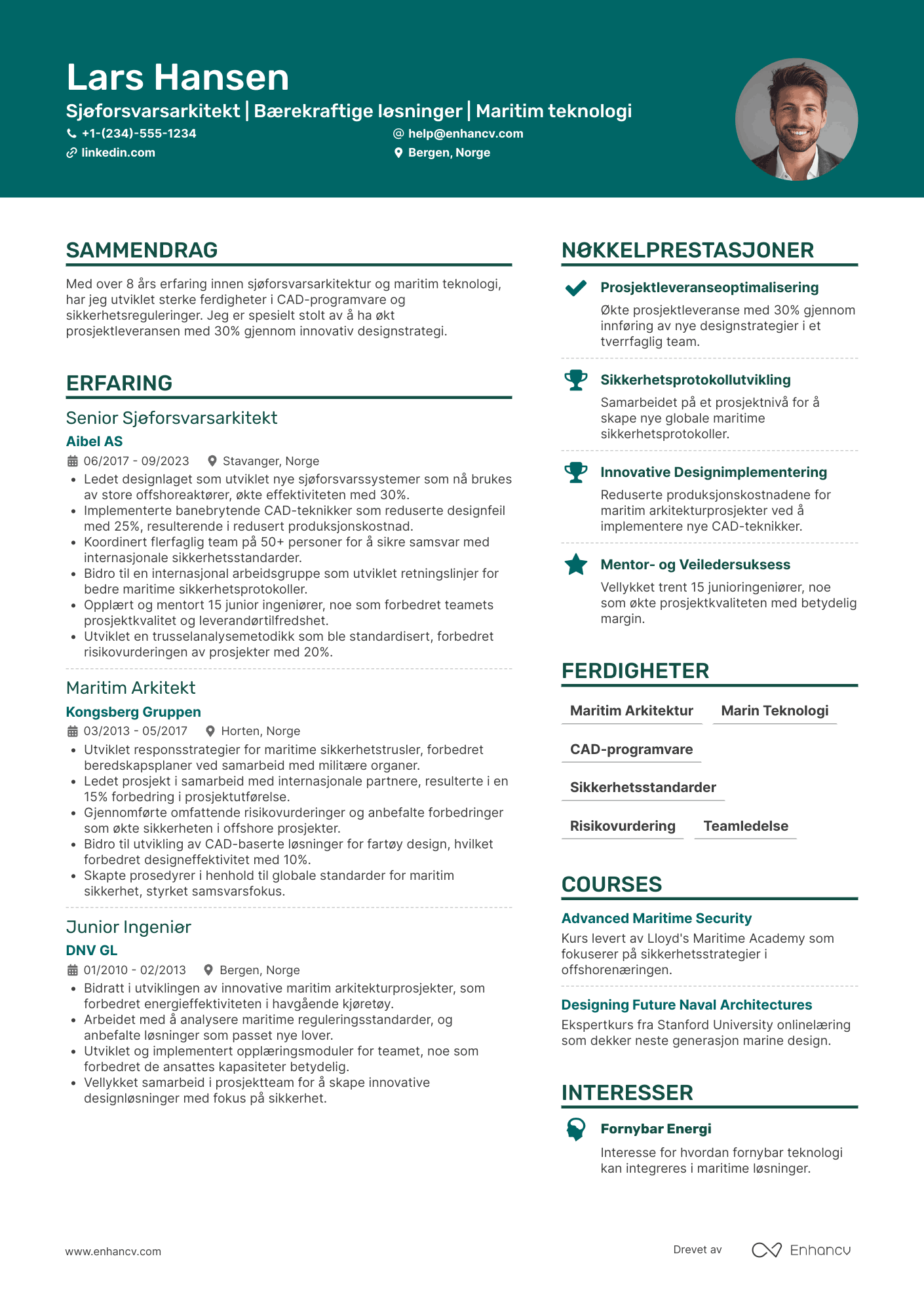CV for Sjøforsvarsarkitekt i Offshorenæringen Resume Example