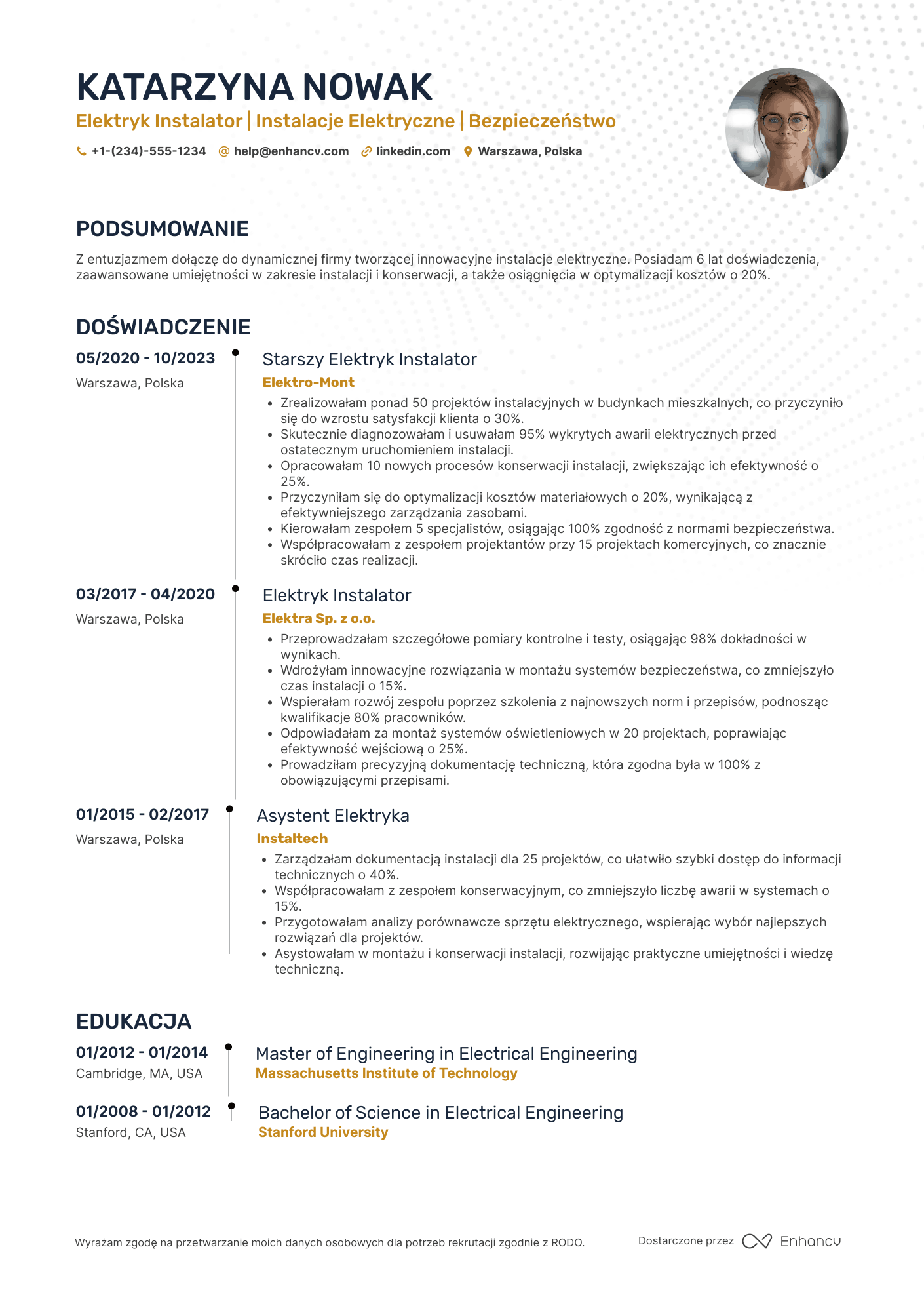 CV dla Elektryk Instalator Resume Example