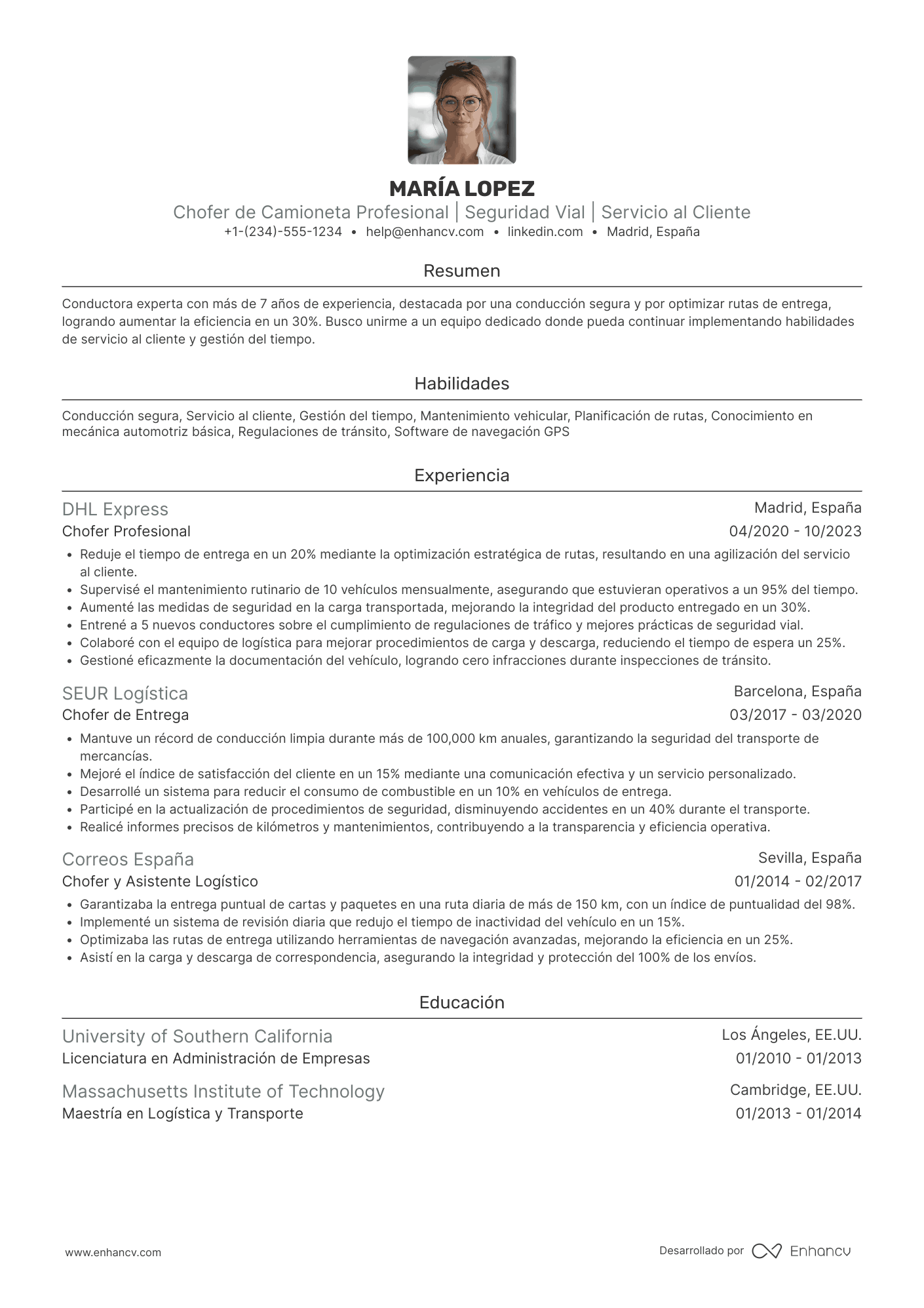 Ejemplo de CV para chofer de camioneta Resume Example