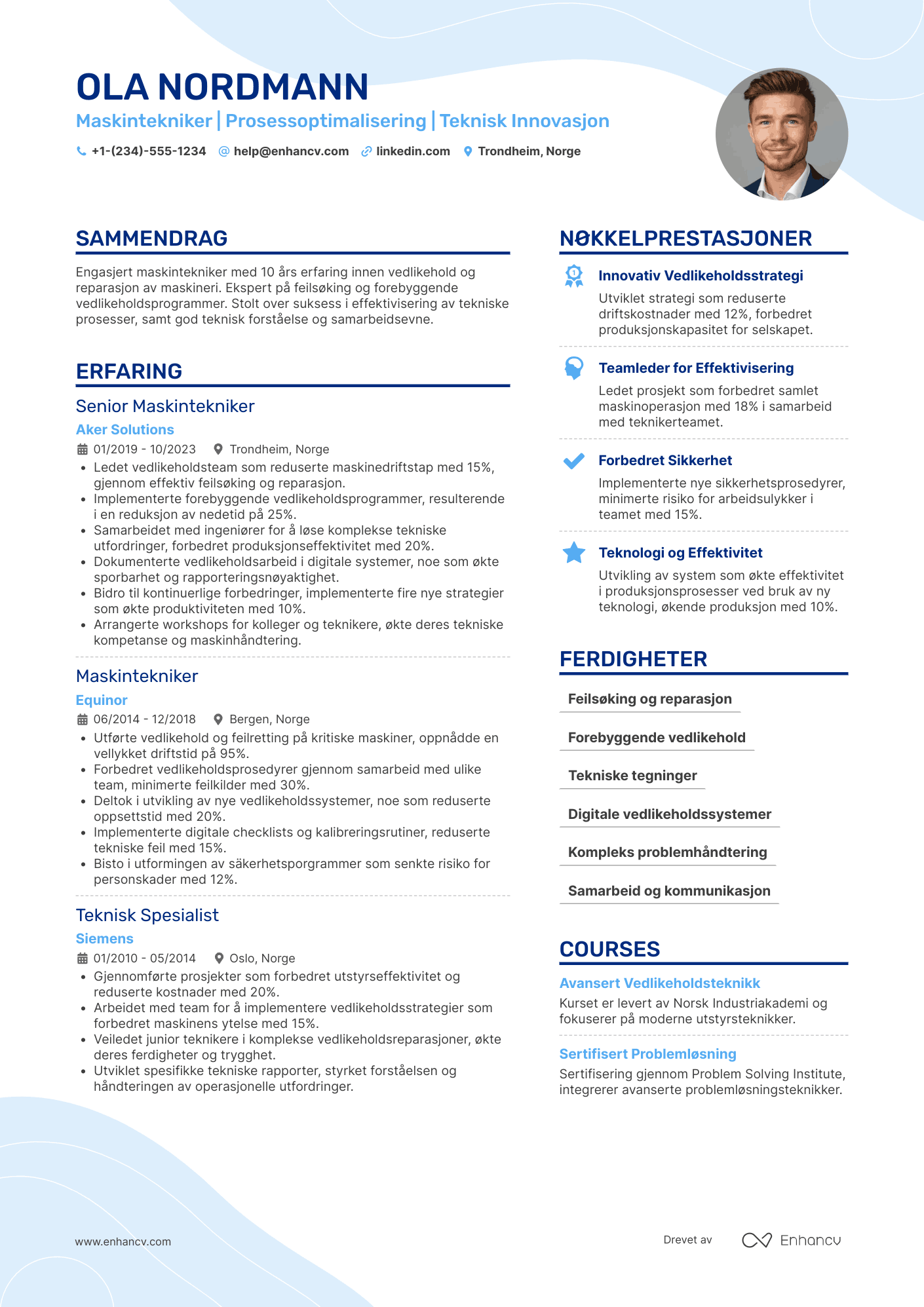 CV for Maskintekniker Resume Example