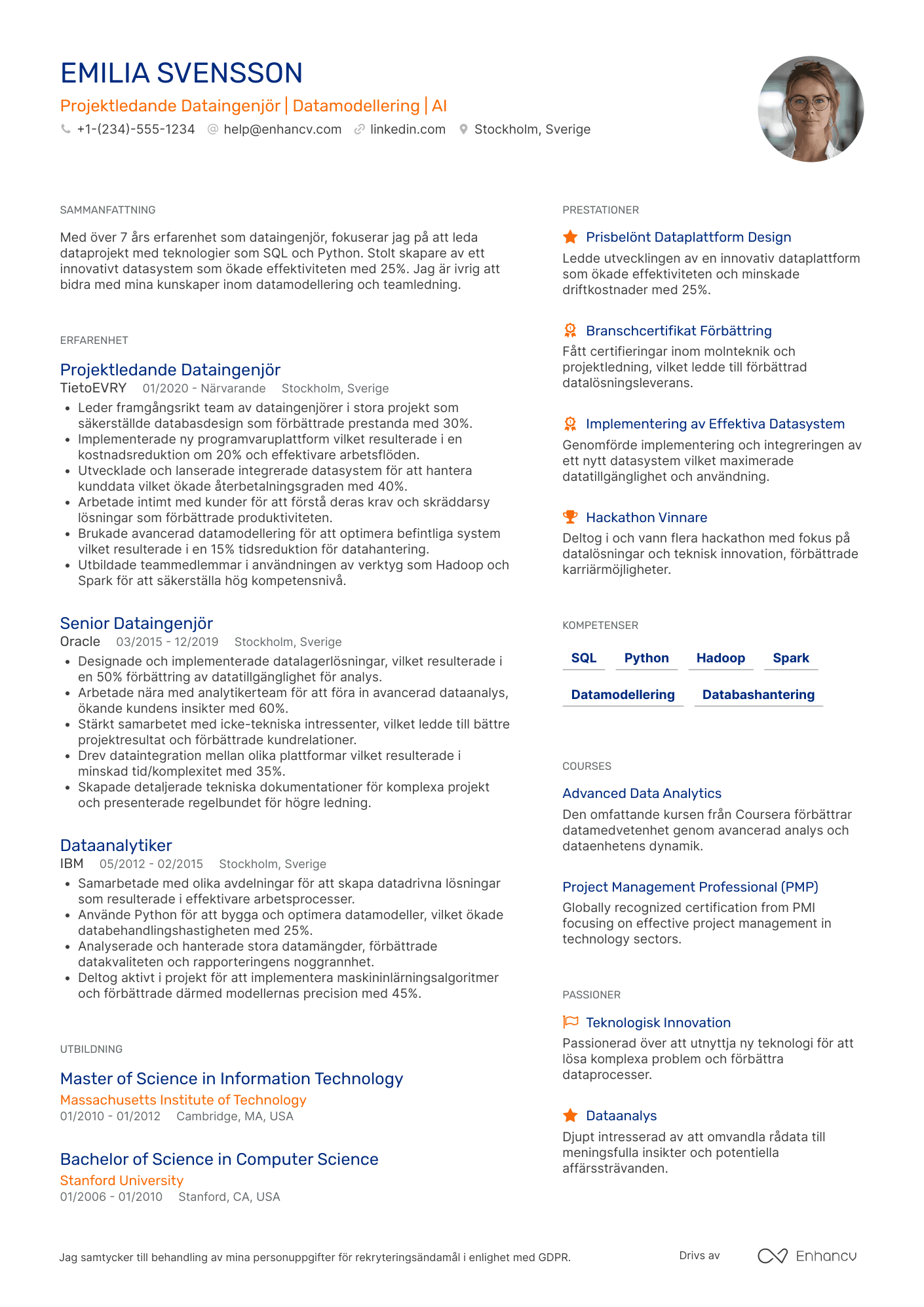 CV för Projektledande Dataingenjör Resume Example