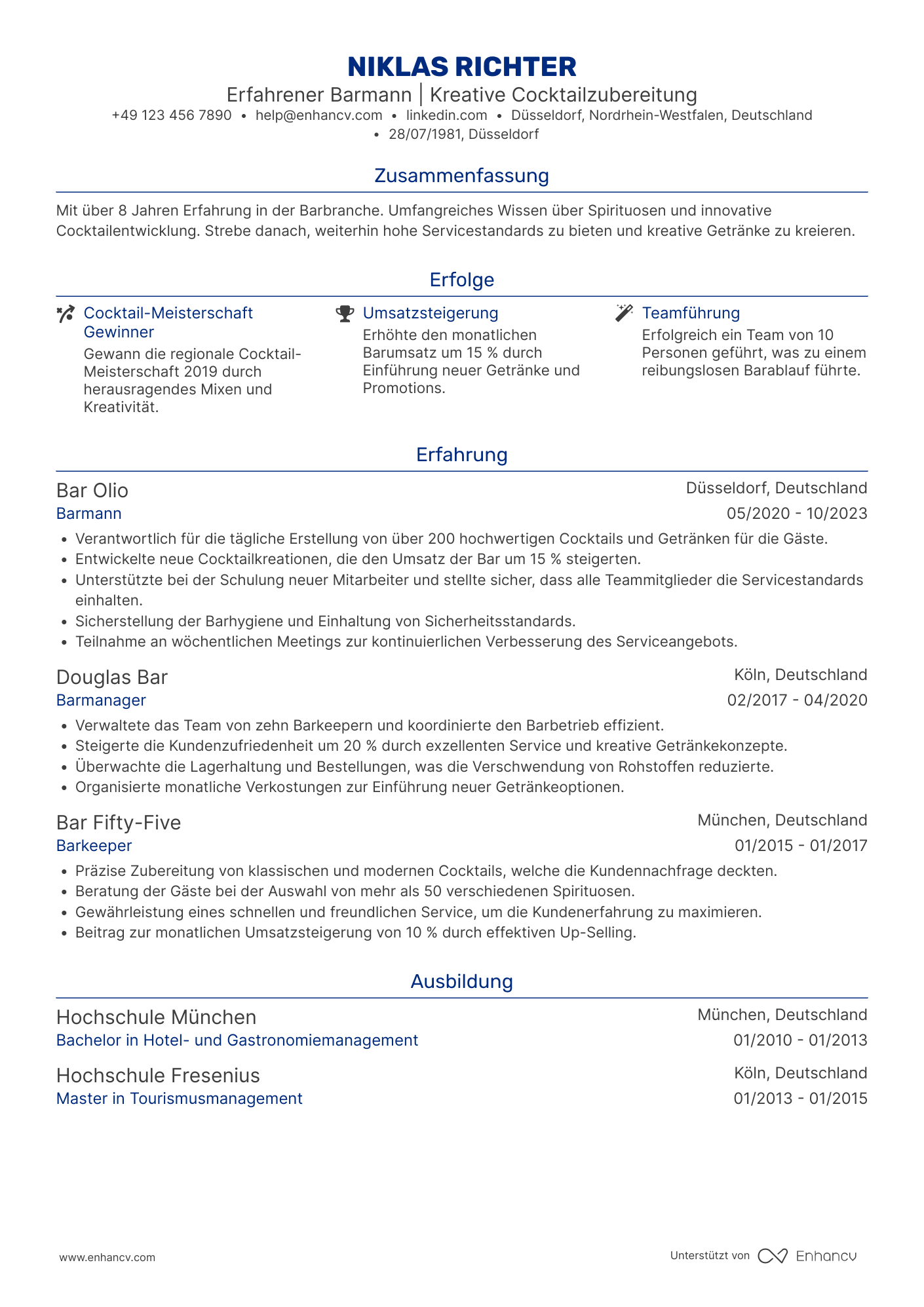 Lebenslauf als Erfahrener Barmann Resume Example