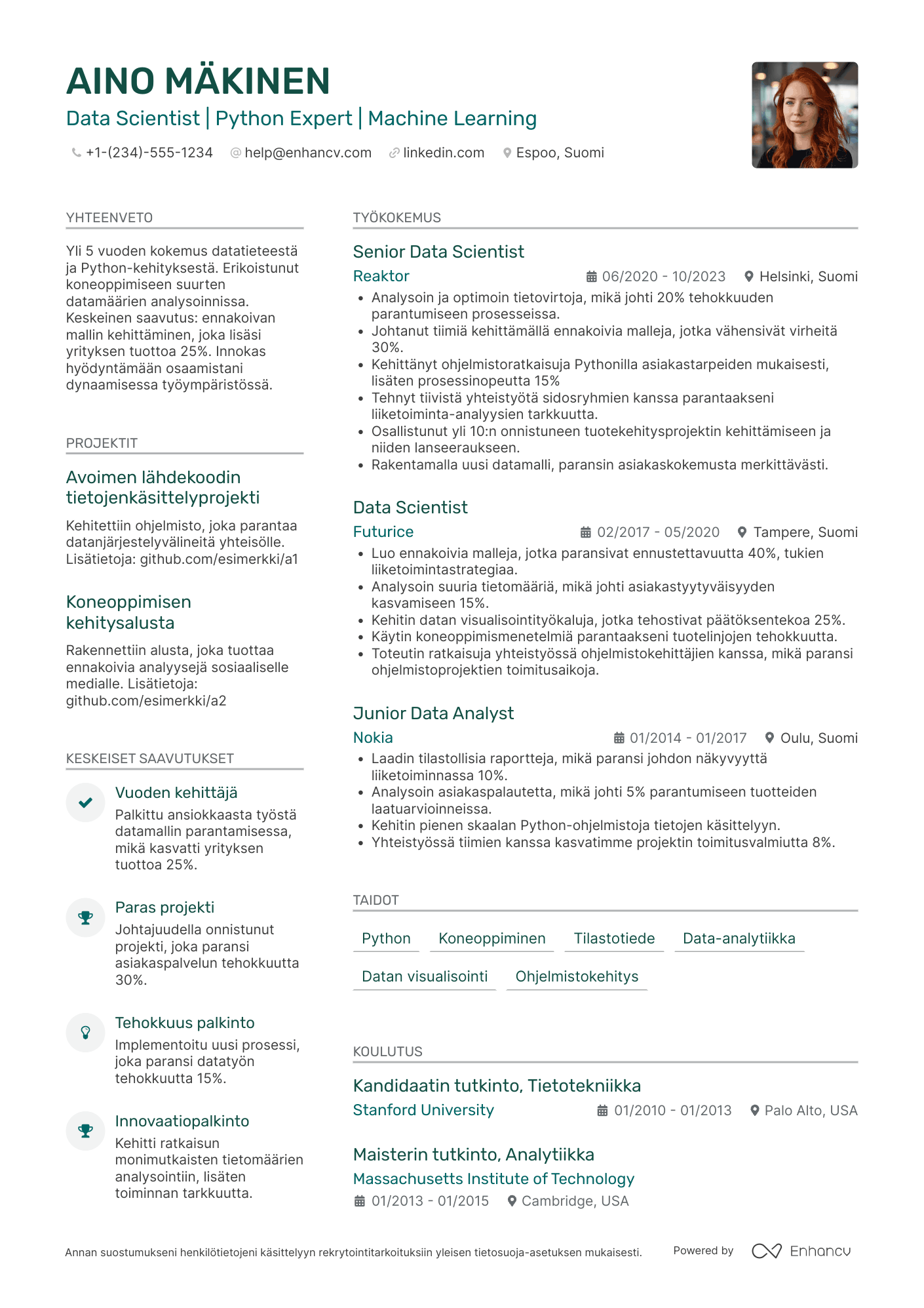 Ansioluettelo Data Scientist Python kehittäjä Resume Example