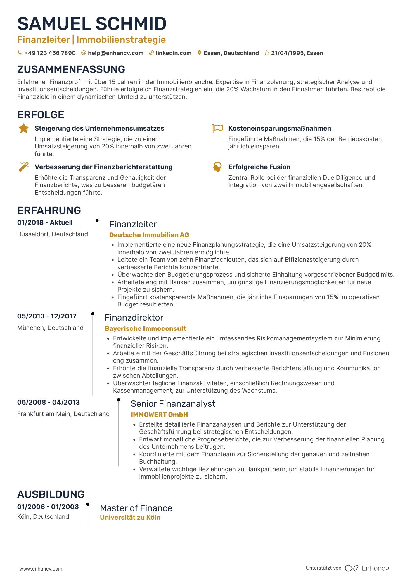 Lebenslauf in Finanzvorstand in der Immobilienbranche Resume Example