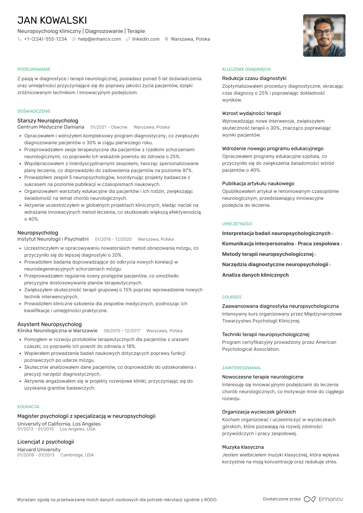 CV dla Neuropsycholog Resume Example