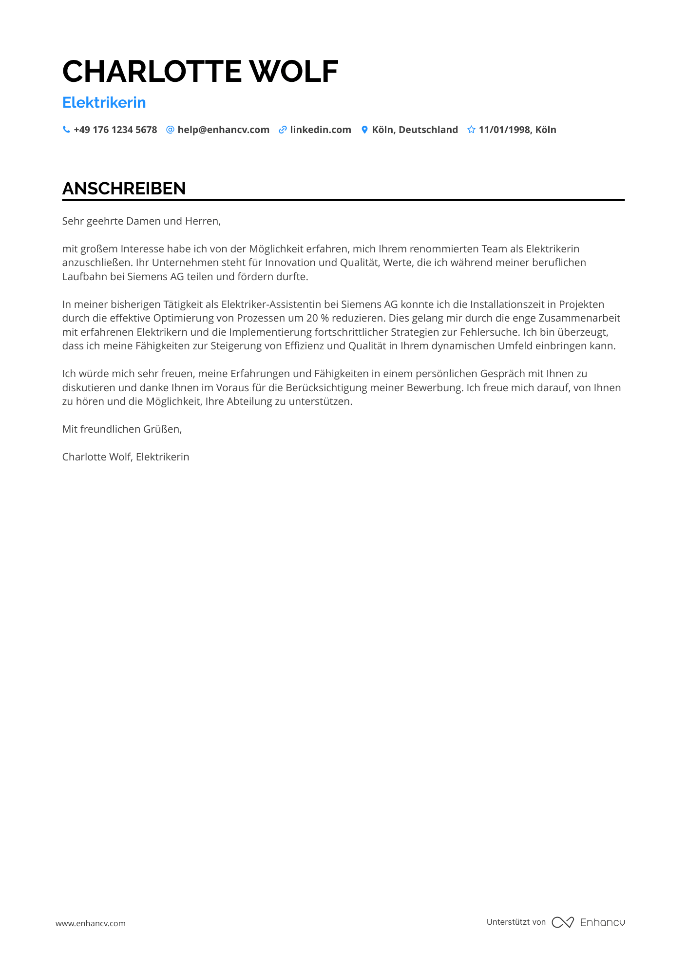 Junior Elektriker Resume Example