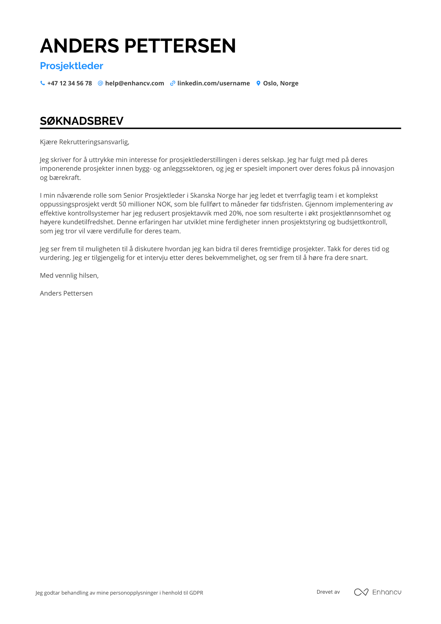 Søknadsbrev for Prosjektleder innen bygg Resume Example