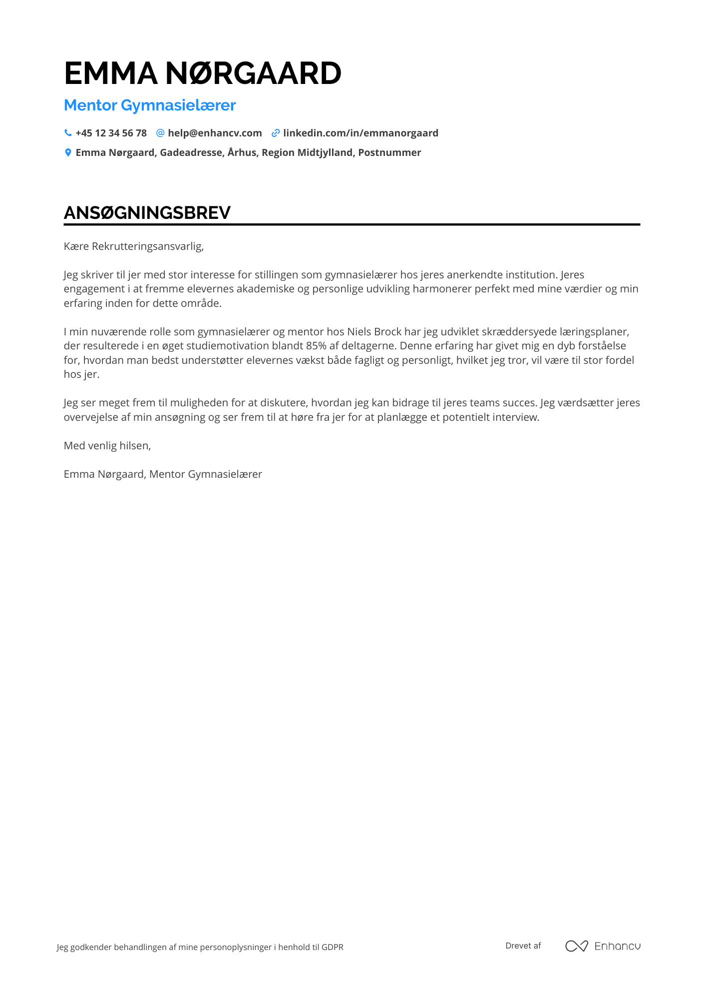 Ansøgningsbrev til Mentor gymnasielærer Resume Example